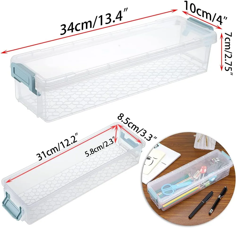 BTSKY Long Plastic Stackable Box Home, Office Supplies Storage Organizer Box Pencil Box Plastic Organizer Holder for Gel Pens Erasers Tape Pens Pencils Markers etc- 3 Pack - Clear with Blue Clip