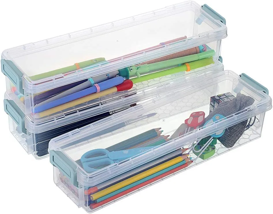 BTSKY Long Plastic Stackable Box Home, Office Supplies Storage Organizer Box Pencil Box Plastic Organizer Holder for Gel Pens Erasers Tape Pens Pencils Markers etc- 3 Pack - Clear with Blue Clip