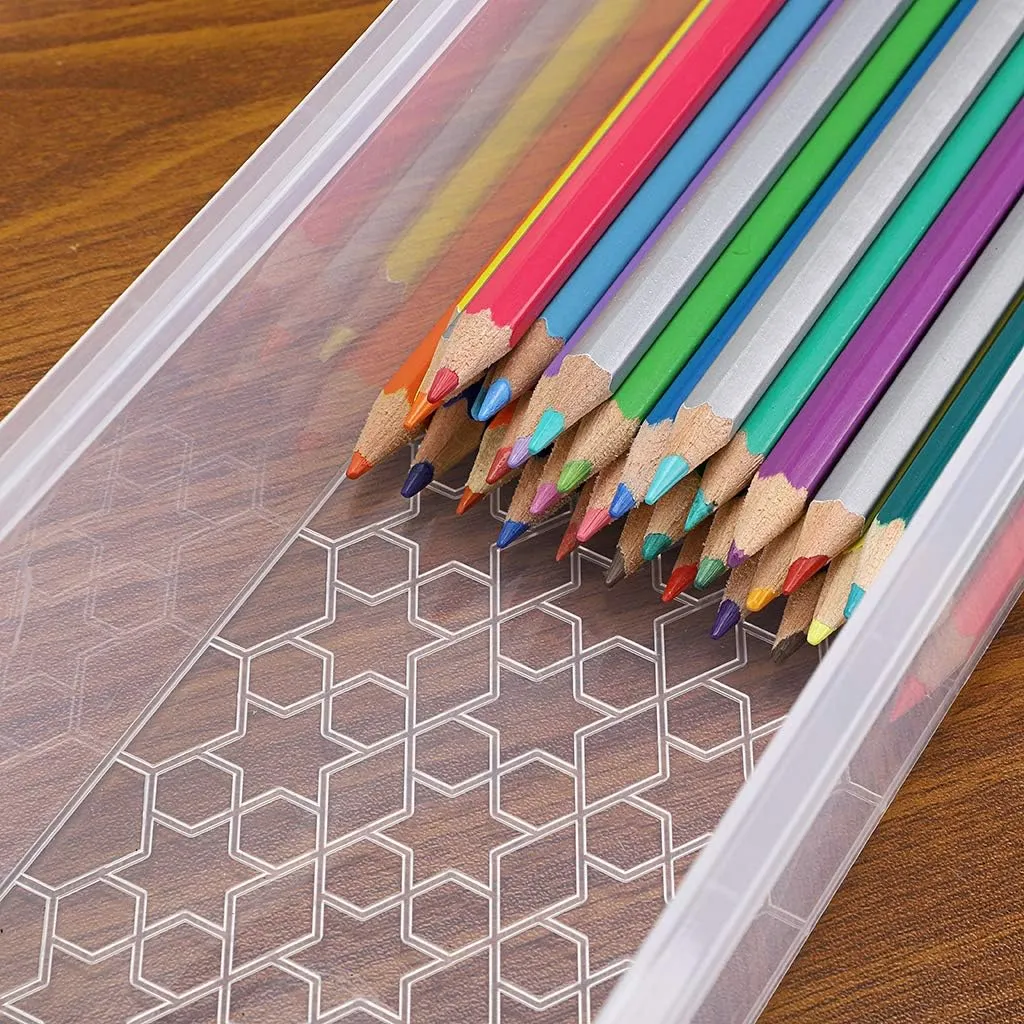 BTSKY Long Plastic Stackable Box Home, Office Supplies Storage Organizer Box Pencil Box Plastic Organizer Holder for Gel Pens Erasers Tape Pens Pencils Markers etc- 3 Pack - Clear with Blue Clip