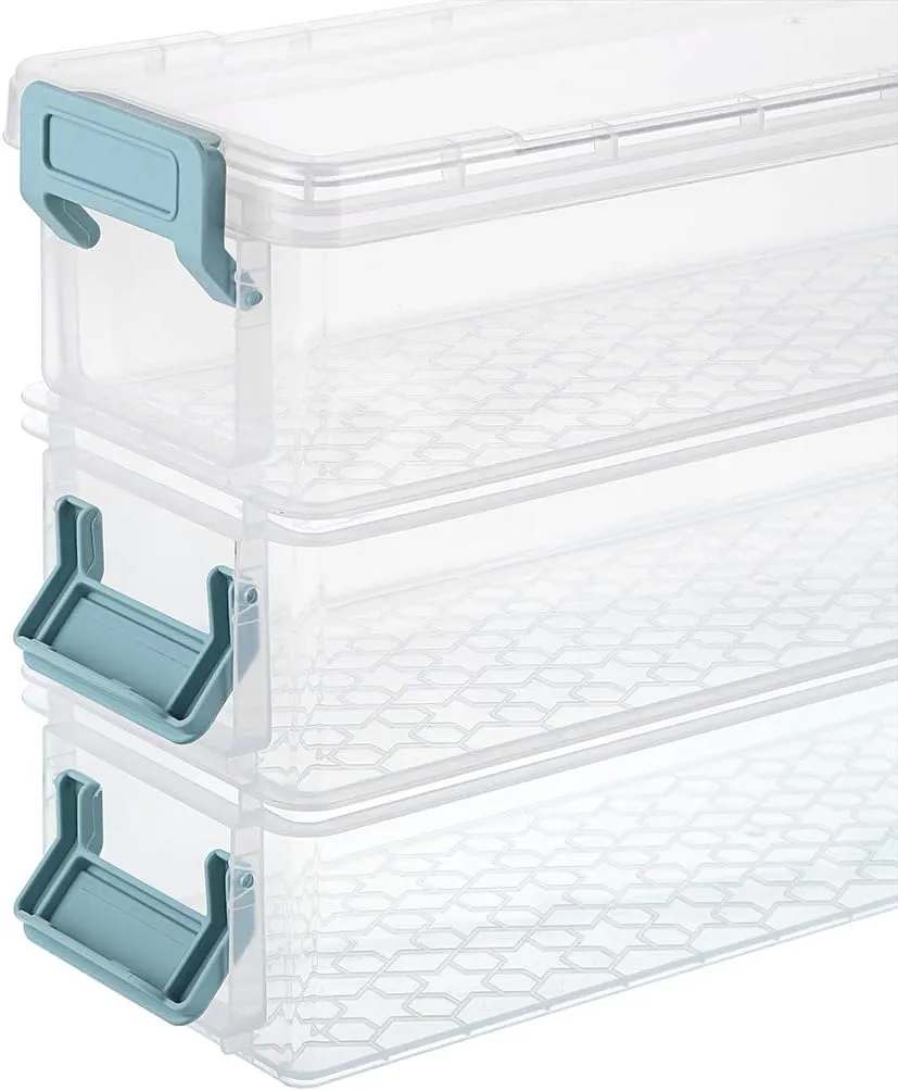 BTSKY Long Plastic Stackable Box Home, Office Supplies Storage Organizer Box Pencil Box Plastic Organizer Holder for Gel Pens Erasers Tape Pens Pencils Markers etc- 3 Pack - Clear with Blue Clip