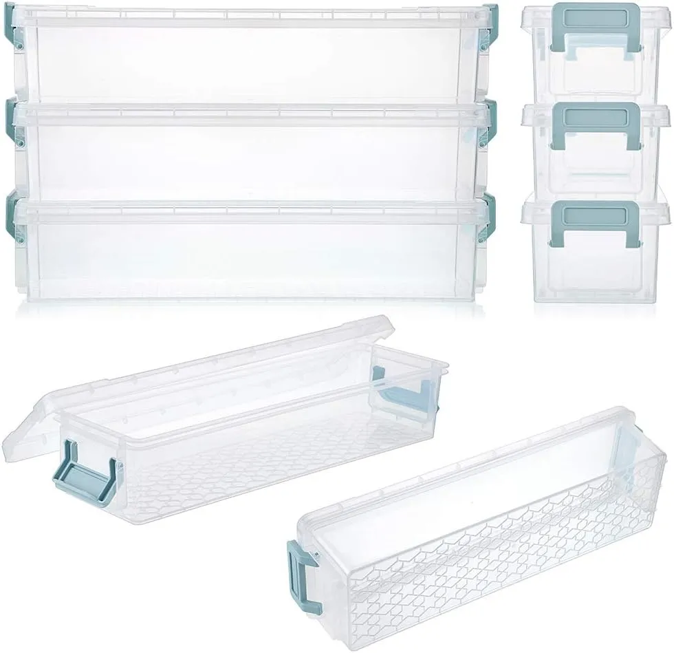 BTSKY Long Plastic Stackable Box Home, Office Supplies Storage Organizer Box Pencil Box Plastic Organizer Holder for Gel Pens Erasers Tape Pens Pencils Markers etc- 3 Pack - Clear with Blue Clip