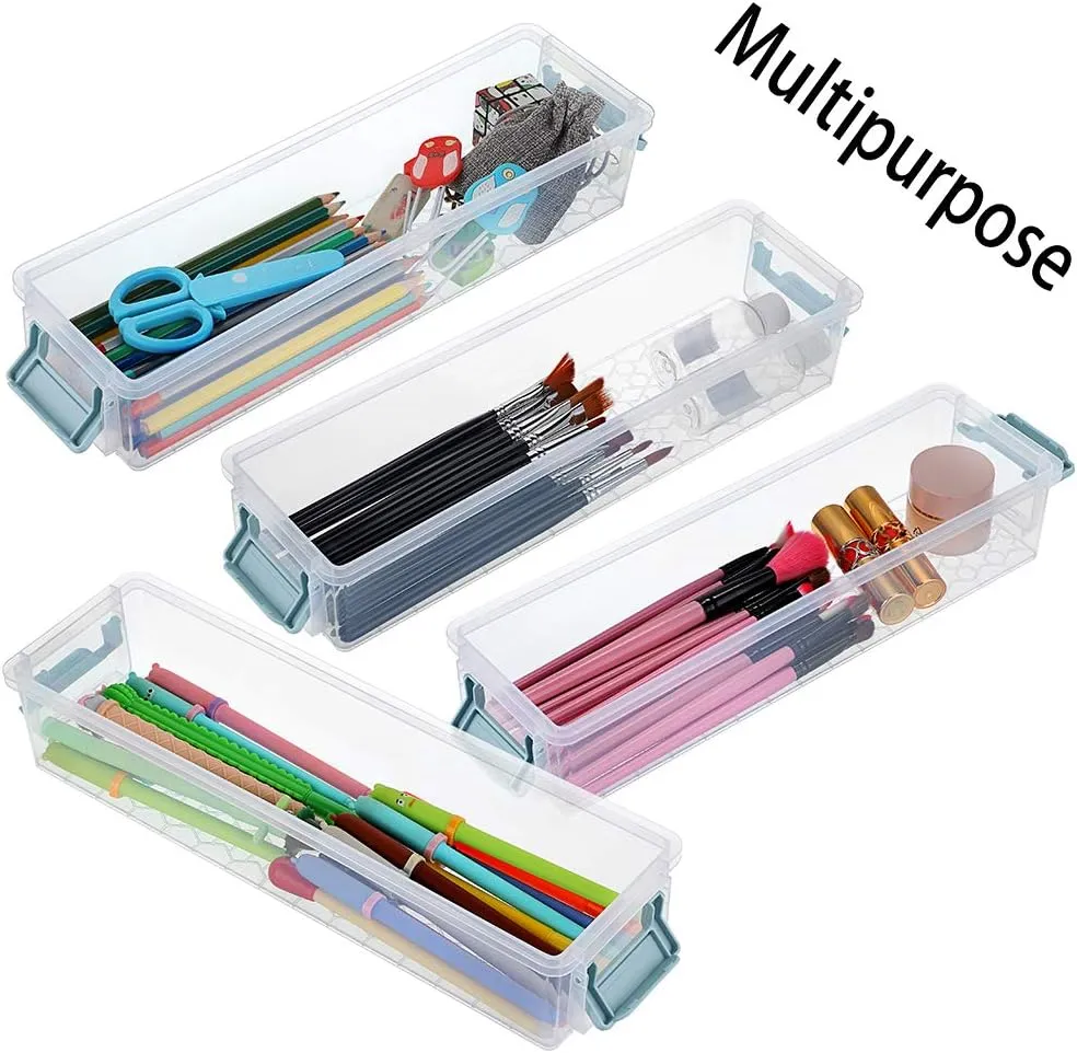 BTSKY Long Plastic Stackable Box Home, Office Supplies Storage Organizer Box Pencil Box Plastic Organizer Holder for Gel Pens Erasers Tape Pens Pencils Markers etc- 3 Pack - Clear with Blue Clip