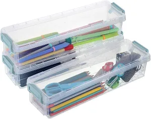 BTSKY Long Plastic Stackable Box Home, Office Supplies Storage Organizer Box Pencil Box Plastic Organizer Holder for Gel Pens Erasers Tape Pens Pencils Markers etc- 3 Pack - Clear with Blue Clip
