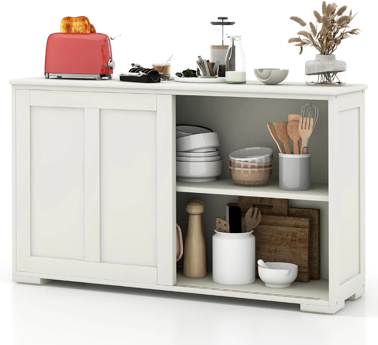 Buffet Cabinet Sideboard, Wood Storage Credenza Cupboard w/Adjustable Shelf & 2 Sliding Doors, Stackable Coffee Bar Cabinet Console Table for Dining Room Living Room Kitchen (1, Antique White)