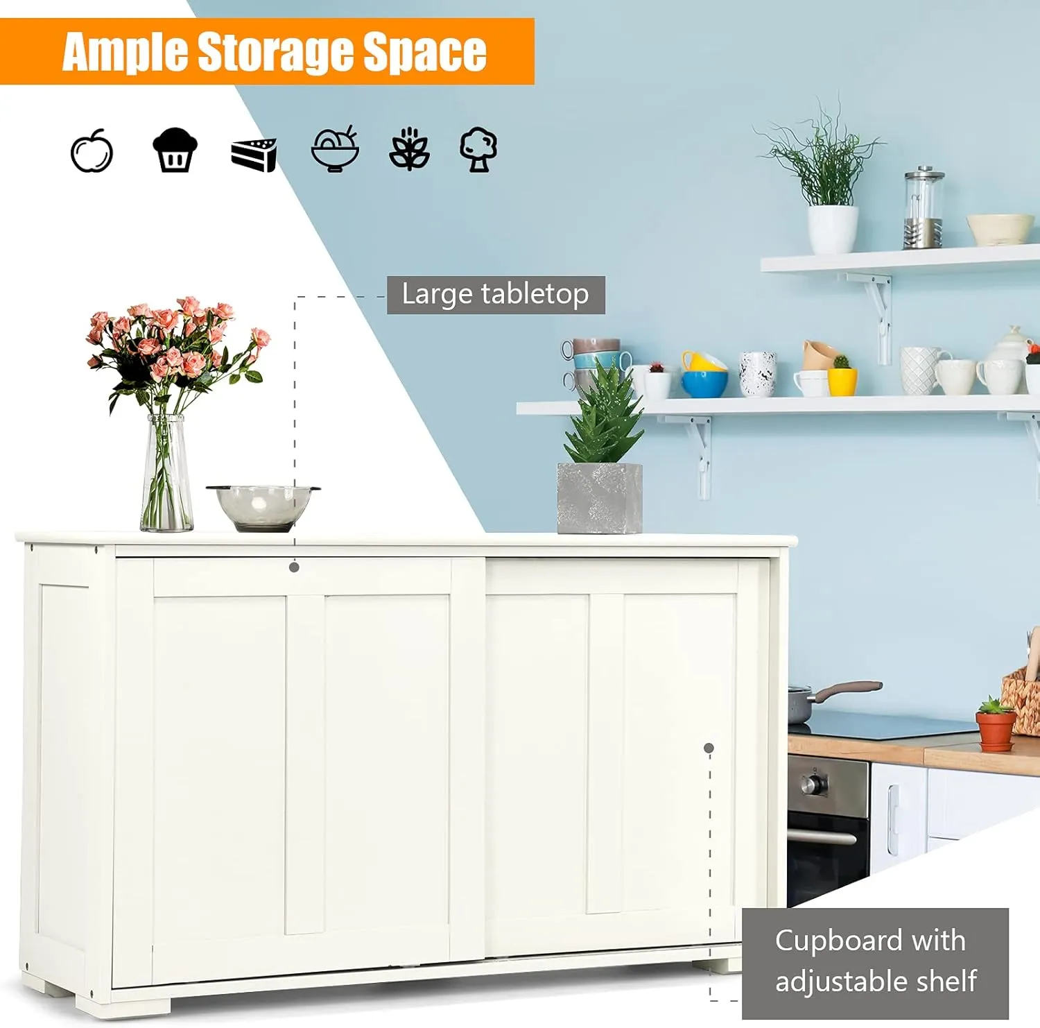 Buffet Cabinet Sideboard, Wood Storage Credenza Cupboard w/Adjustable Shelf & 2 Sliding Doors, Stackable Coffee Bar Cabinet Console Table for Dining Room Living Room Kitchen (1, Antique White)