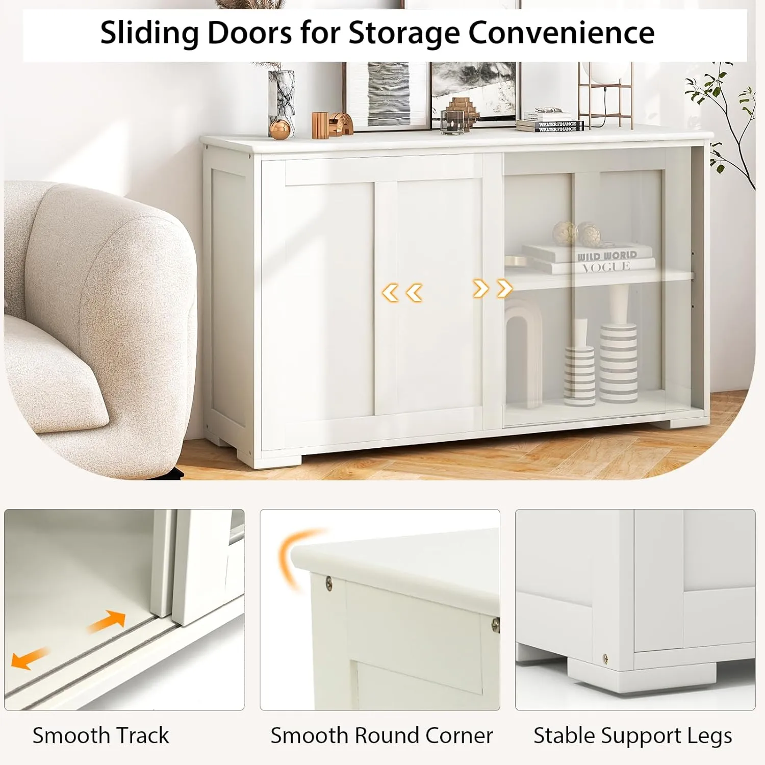 Buffet Cabinet Sideboard, Wood Storage Credenza Cupboard w/Adjustable Shelf & 2 Sliding Doors, Stackable Coffee Bar Cabinet Console Table for Dining Room Living Room Kitchen (1, Antique White)