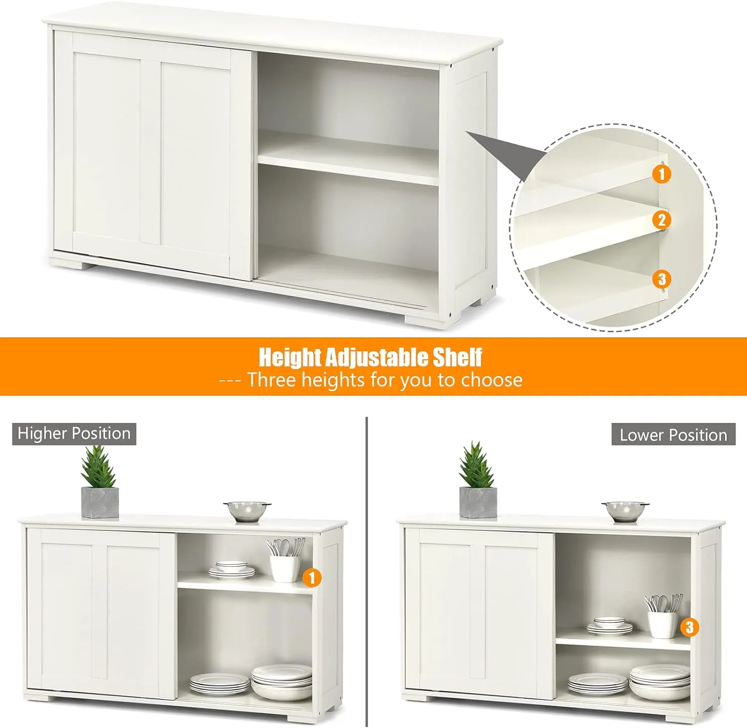 Buffet Cabinet Sideboard, Wood Storage Credenza Cupboard w/Adjustable Shelf & 2 Sliding Doors, Stackable Coffee Bar Cabinet Console Table for Dining Room Living Room Kitchen (1, Antique White)
