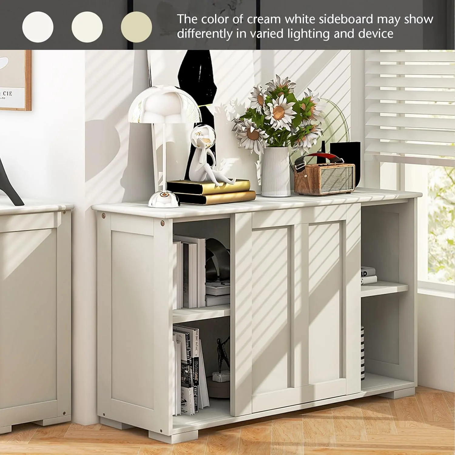 Buffet Cabinet Sideboard, Wood Storage Credenza Cupboard w/Adjustable Shelf & 2 Sliding Doors, Stackable Coffee Bar Cabinet Console Table for Dining Room Living Room Kitchen (1, Antique White)