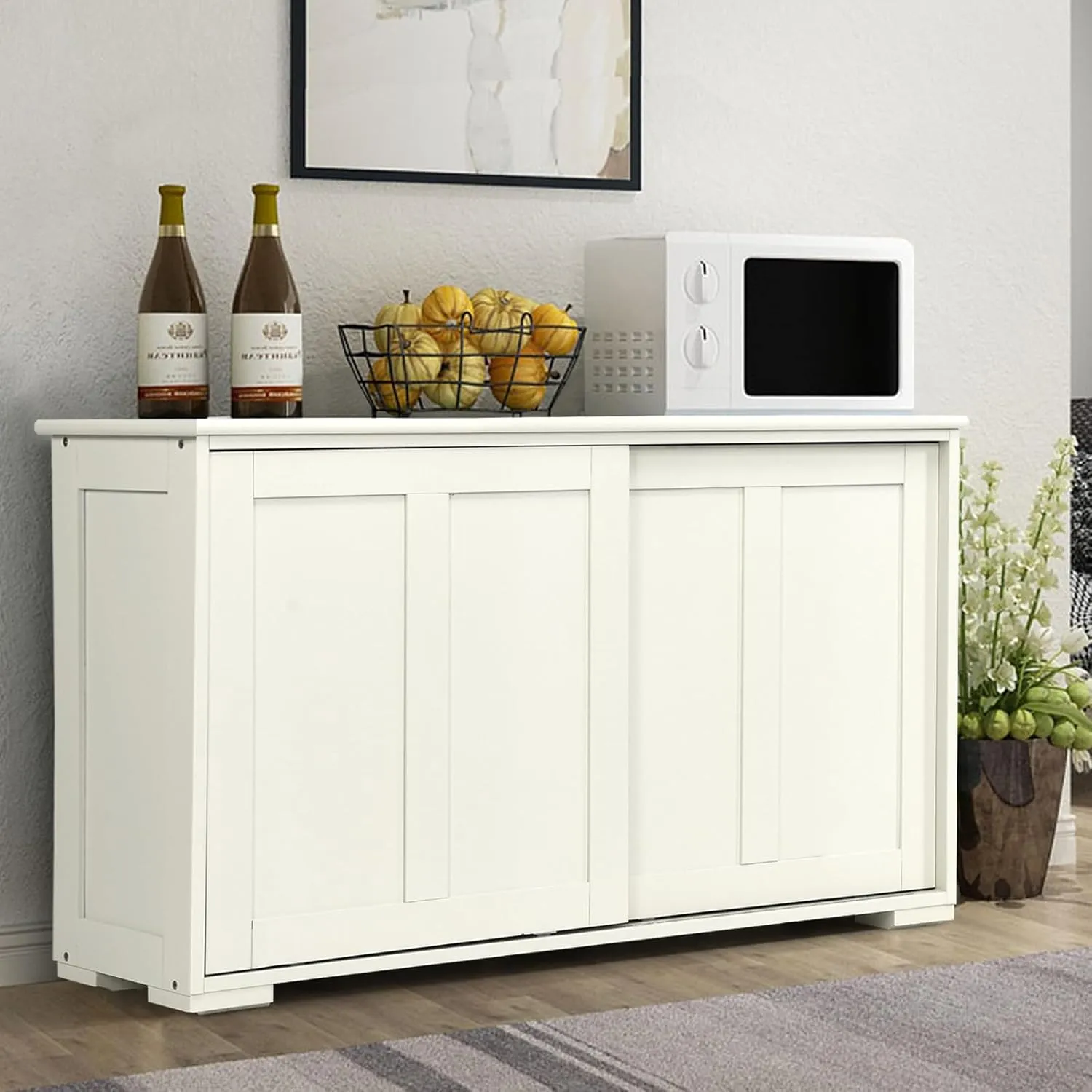 Buffet Cabinet Sideboard, Wood Storage Credenza Cupboard w/Adjustable Shelf & 2 Sliding Doors, Stackable Coffee Bar Cabinet Console Table for Dining Room Living Room Kitchen (1, Antique White)