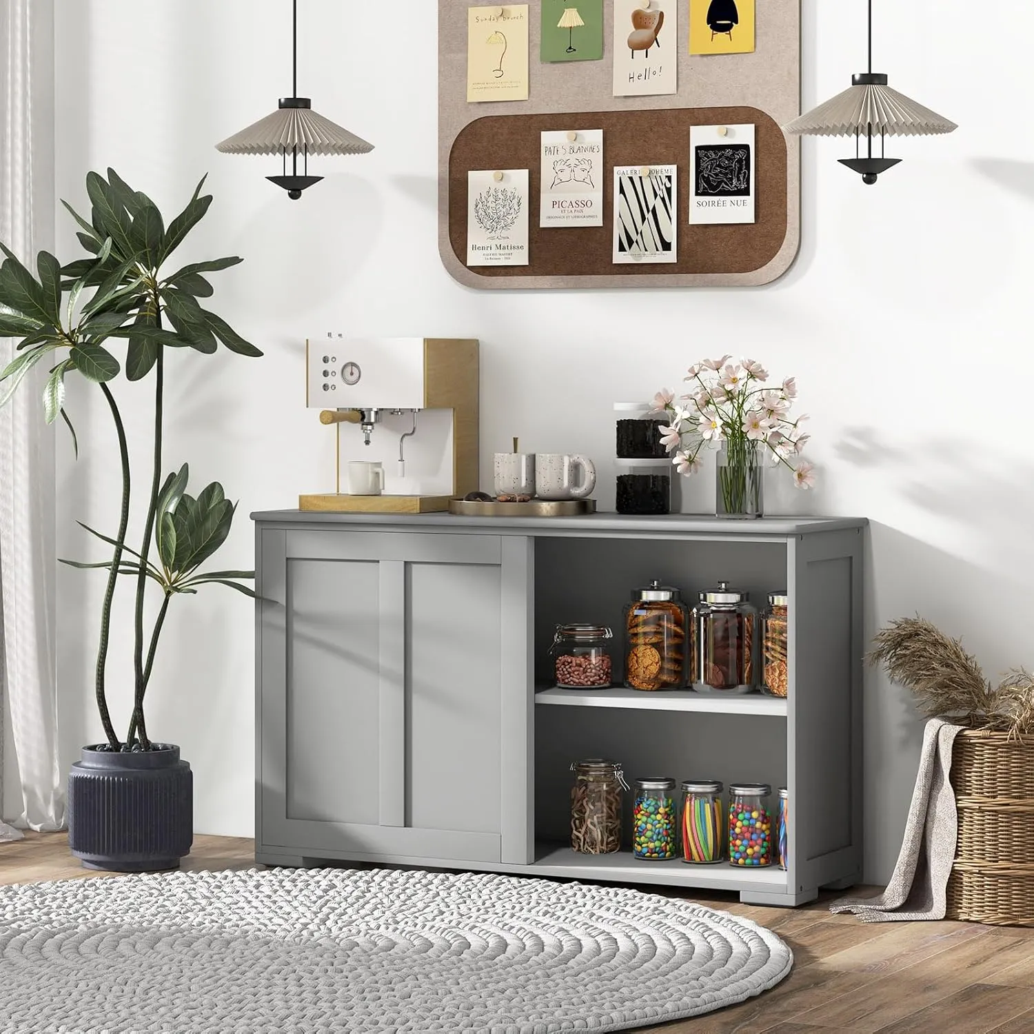 Buffet Cabinet Sideboard, Wood Storage Credenza Cupboard with Adjustable Shelf & 2 Sliding Doors, Stackable Coffee Bar Cabinet Console Table for Dining Room, Living Room, Kitchen (1, Grey)