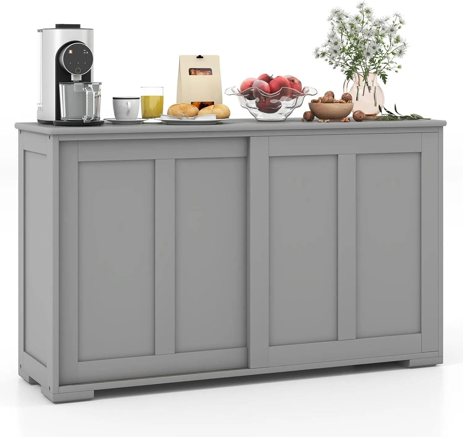 Buffet Cabinet Sideboard, Wood Storage Credenza Cupboard with Adjustable Shelf & 2 Sliding Doors, Stackable Coffee Bar Cabinet Console Table for Dining Room, Living Room, Kitchen (1, Grey)