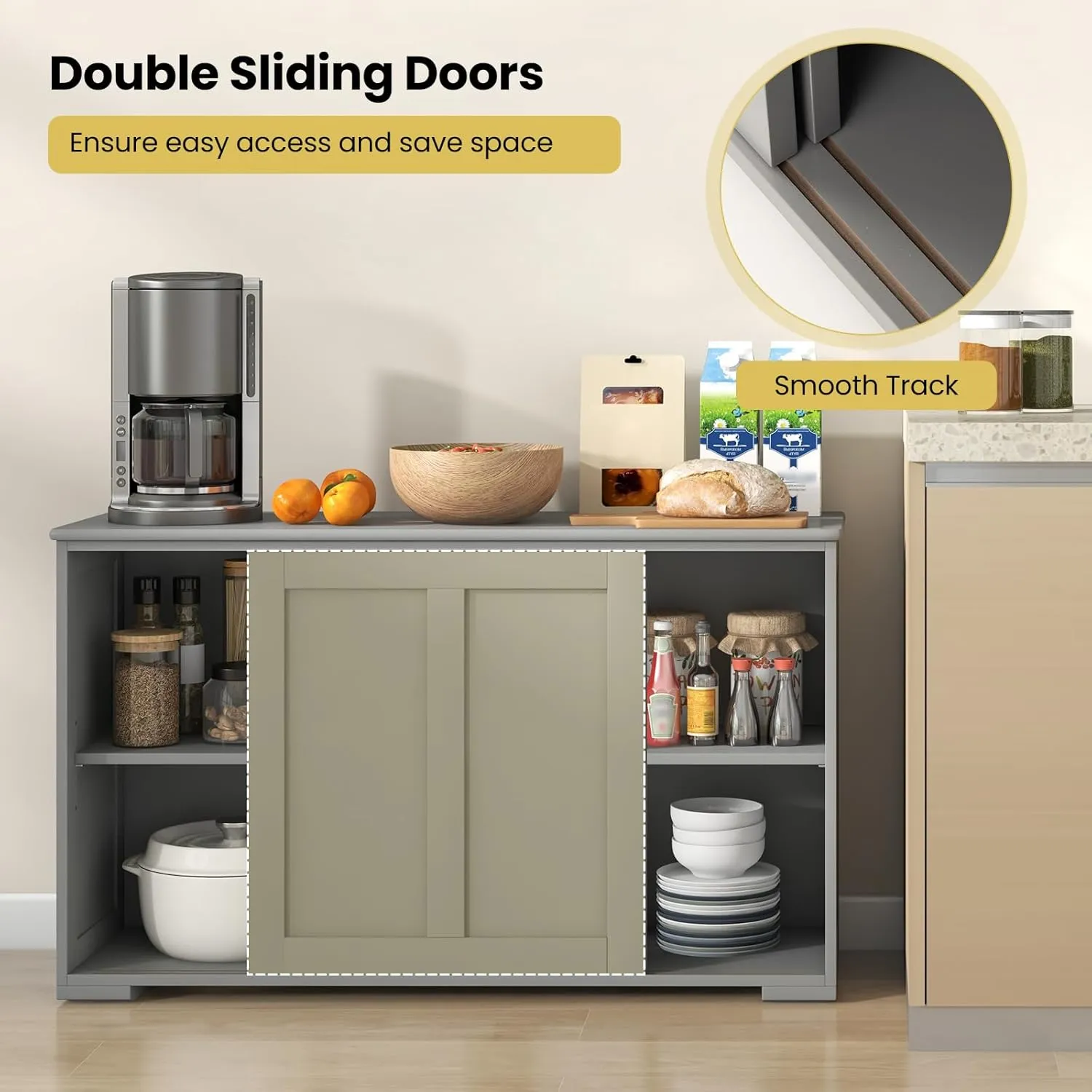 Buffet Cabinet Sideboard, Wood Storage Credenza Cupboard with Adjustable Shelf & 2 Sliding Doors, Stackable Coffee Bar Cabinet Console Table for Dining Room, Living Room, Kitchen (1, Grey)