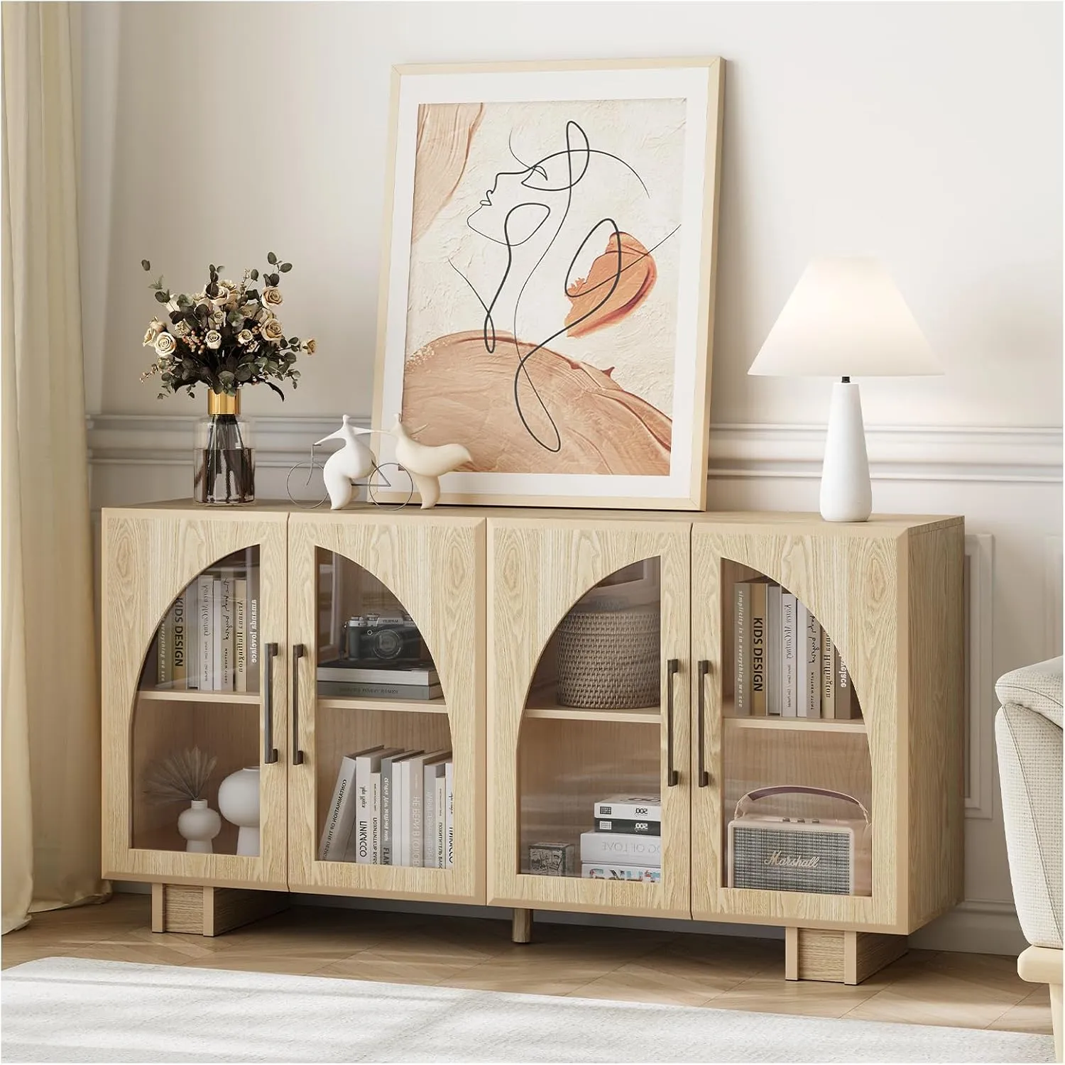 Buffet Cabinet with Storage, 63 '' Large Sideboard with Glass Doors, Arched Cabinet with Adjustable Shelves,Credenzas for Living Room,Entryway,Kitchen(Oak 4 Doors)