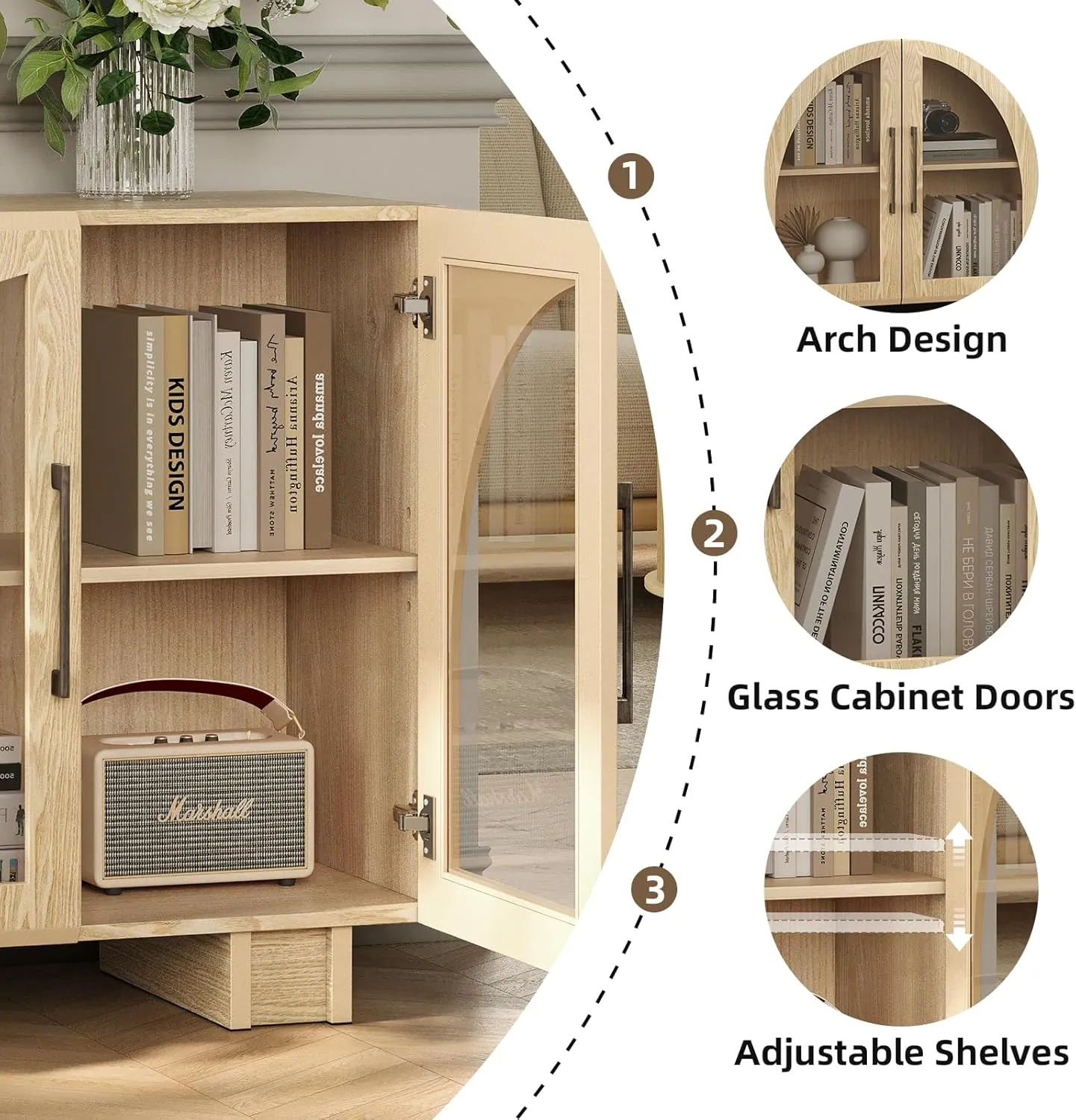 Buffet Cabinet with Storage, 63 '' Large Sideboard with Glass Doors, Arched Cabinet with Adjustable Shelves,Credenzas for Living Room,Entryway,Kitchen(Oak 4 Doors)