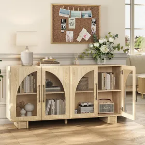 Buffet Cabinet with Storage, 63 '' Large Sideboard with Glass Doors, Arched Cabinet with Adjustable Shelves,Credenzas for Living Room,Entryway,Kitchen(Oak 4 Doors)