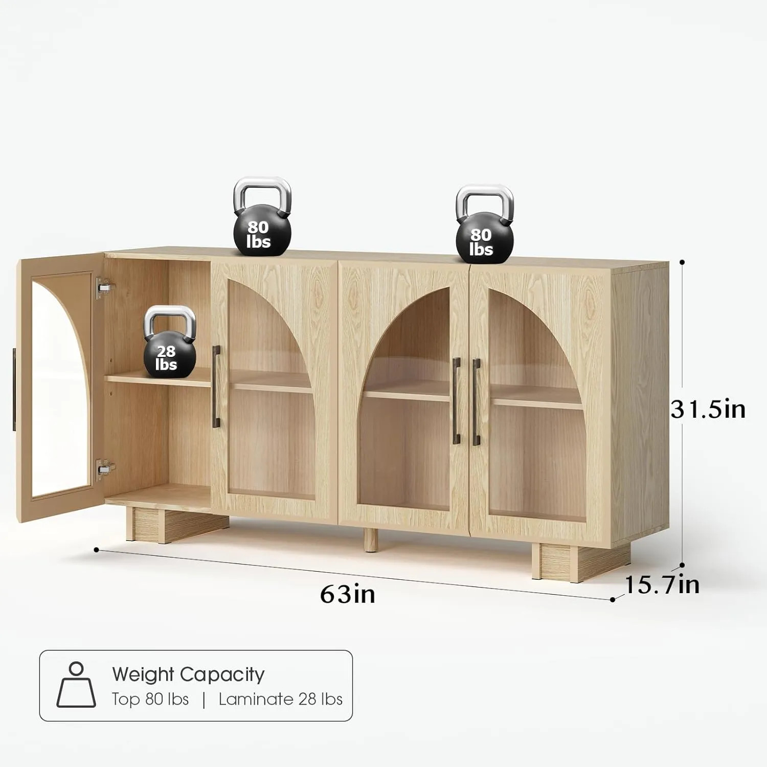 Buffet Cabinet with Storage, 63 '' Large Sideboard with Glass Doors, Arched Cabinet with Adjustable Shelves,Credenzas for Living Room,Entryway,Kitchen(Oak 4 Doors)