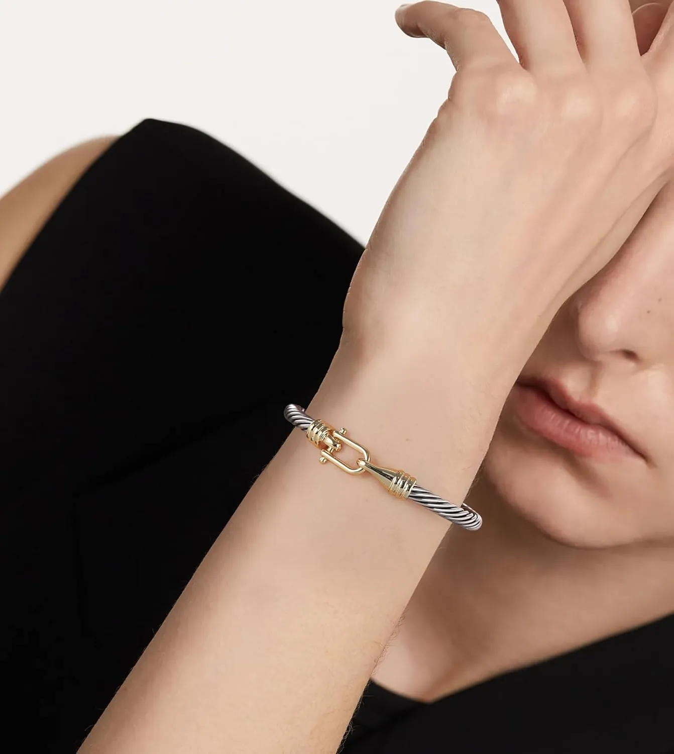 Cable Bracelets for Women Two Tone Cuff Bangle with Turquoise Hook Clasp Mixed Metal Bracelets Designer Dupes Jewelry for Her