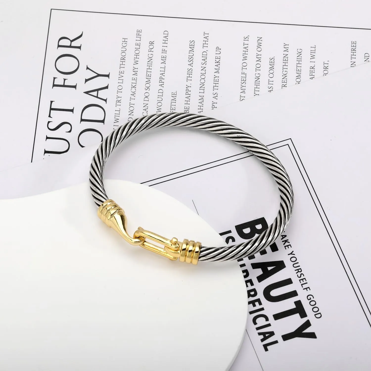 Cable Bracelets for Women Two Tone Cuff Bangle with Turquoise Hook Clasp Mixed Metal Bracelets Designer Dupes Jewelry for Her
