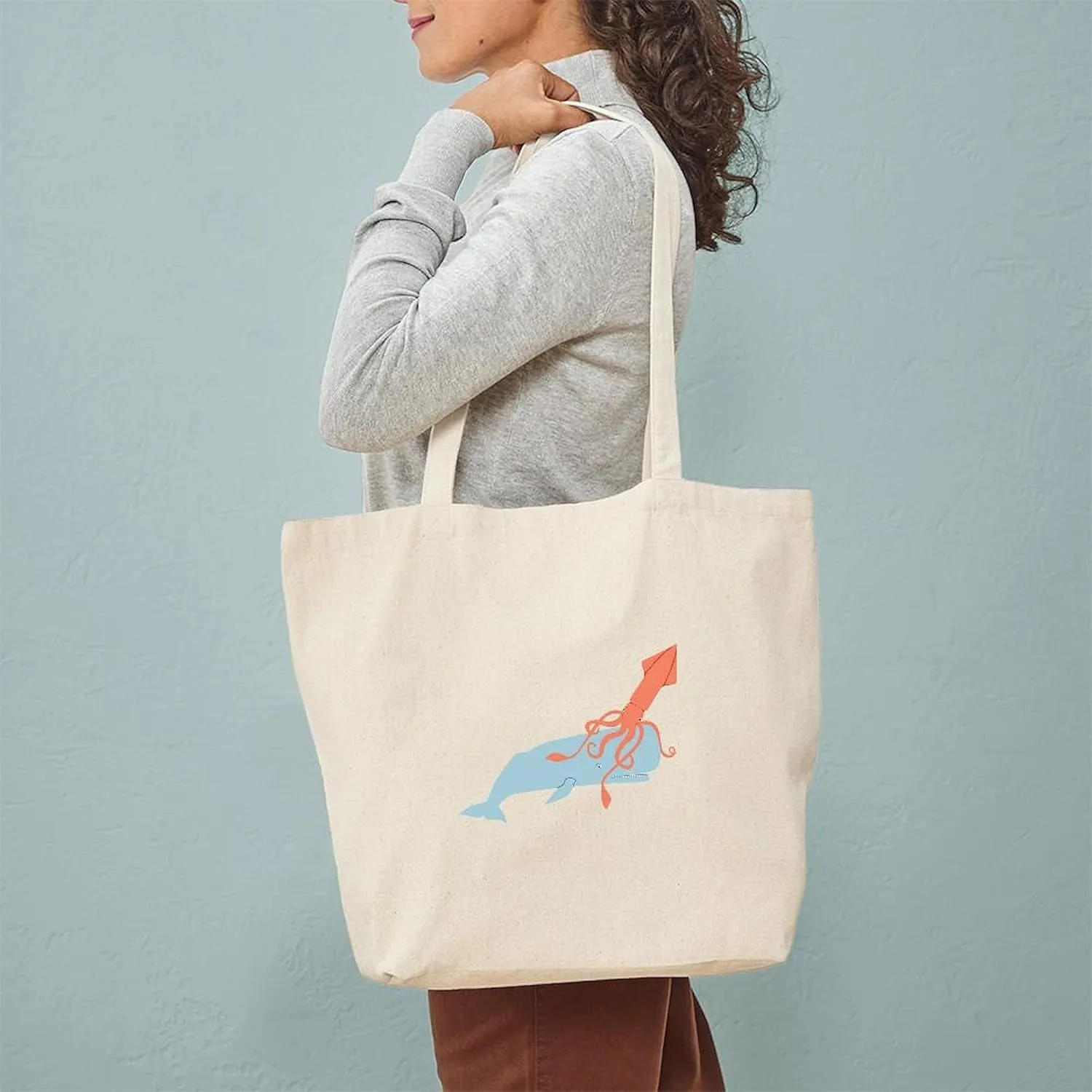 CafePress Squid & Whale Tote Bag Reusable Natural Beige Canvas Shopping Bag