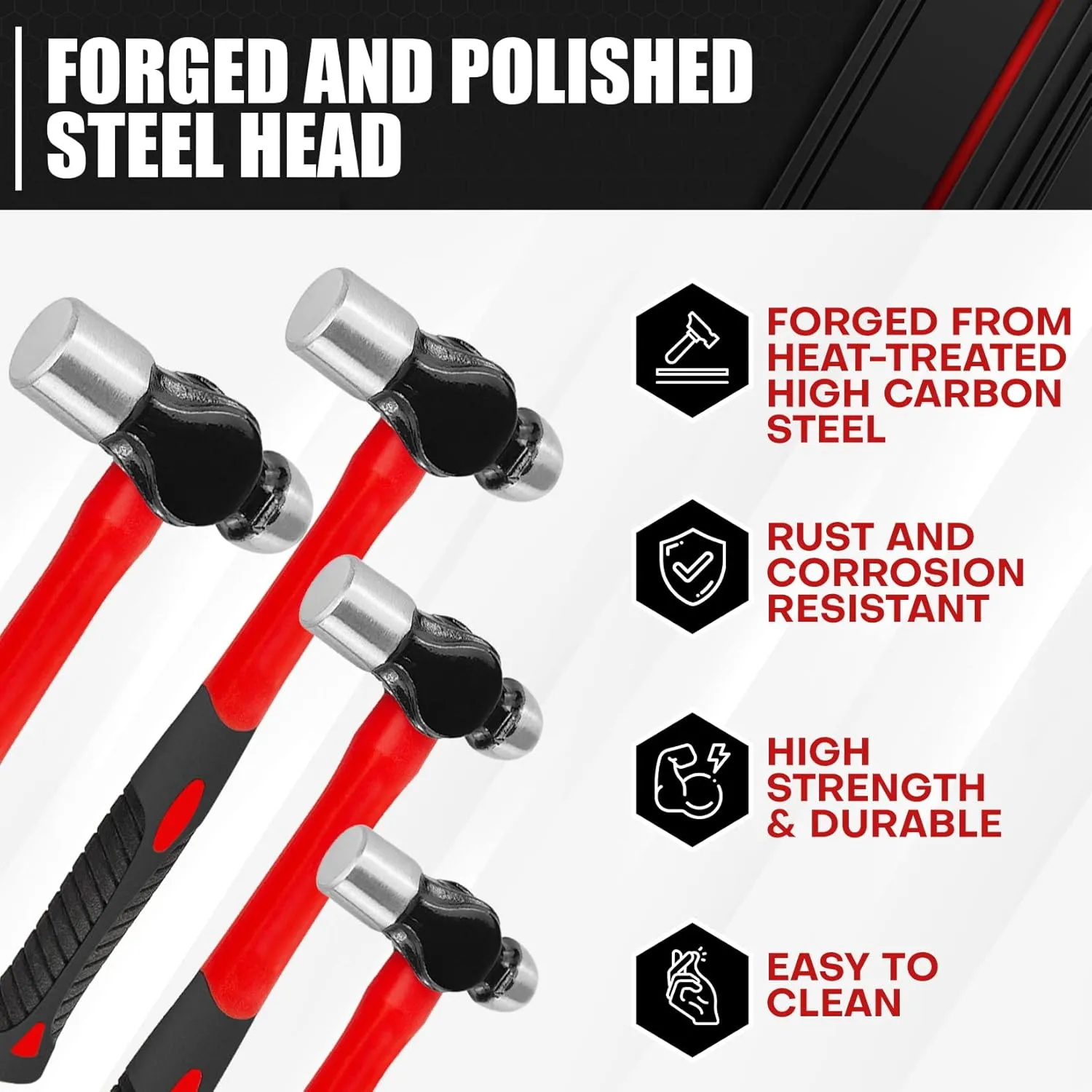 C&T 4-Piece Hammer Set, 8 12 16 24oz, Fiberglass Handle hammer for Ball Peen, Blow Striking Ball Pein Hammer Handle Tool with Forged Steel Construction & Shock Reduction Grip for Metal Working