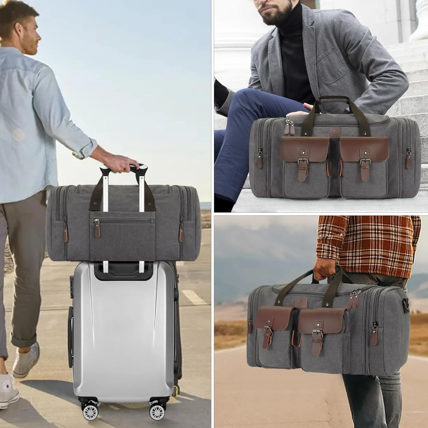 Canvas Duffle Bag for Men 50L Travel Duffel Bags Expandable Genuine Leather Duffel Overnight Weekender Carry On Bag Two Zipper Pockets Travel Bag (Grey, Large-50L)