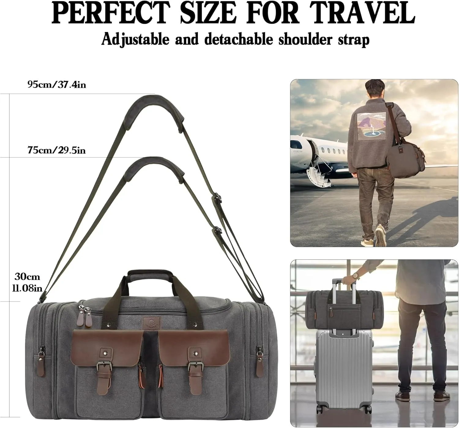 Canvas Duffle Bag for Men 50L Travel Duffel Bags Expandable Genuine Leather Duffel Overnight Weekender Carry On Bag Two Zipper Pockets Travel Bag (Grey, Large-50L)