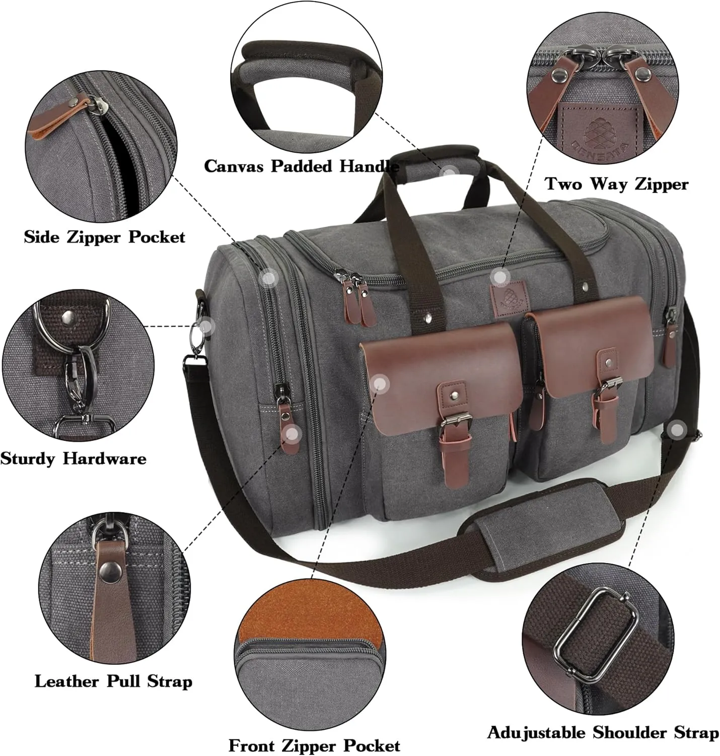 Canvas Duffle Bag for Men 50L Travel Duffel Bags Expandable Genuine Leather Duffel Overnight Weekender Carry On Bag Two Zipper Pockets Travel Bag (Grey, Large-50L)