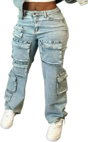 Cargo Jeans for Women Y2K High Waisted Baggy Jeans Straight Wide Leg Cargo Pants Streetwear