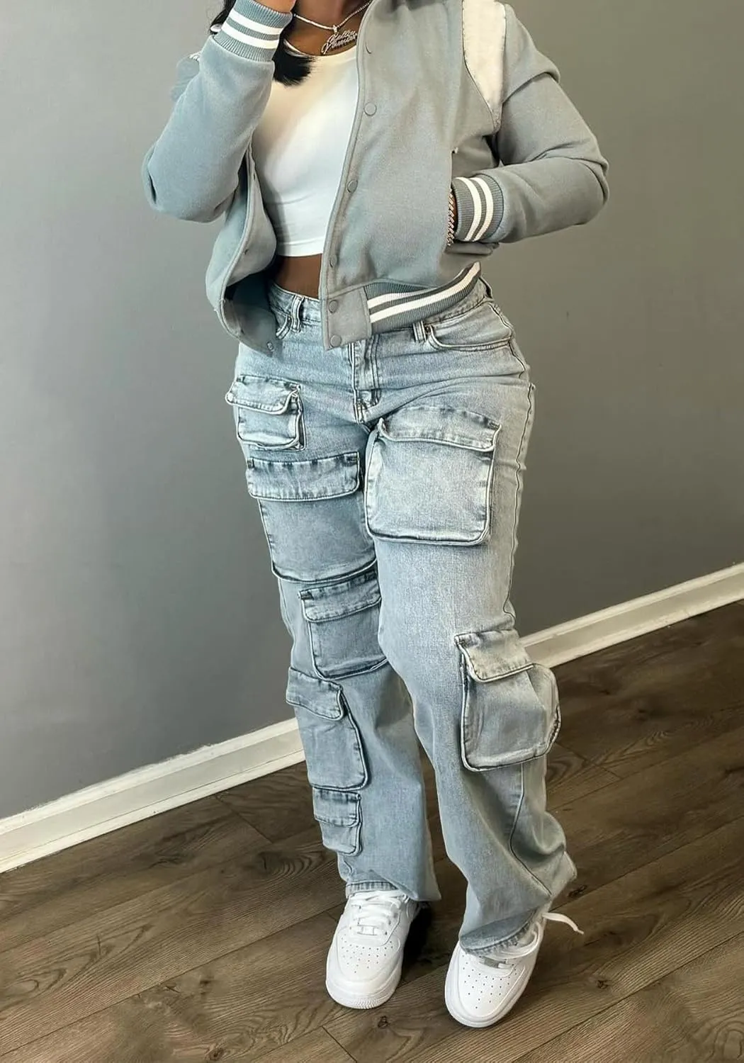 Cargo Jeans for Women Y2K High Waisted Baggy Jeans Straight Wide Leg Cargo Pants Streetwear