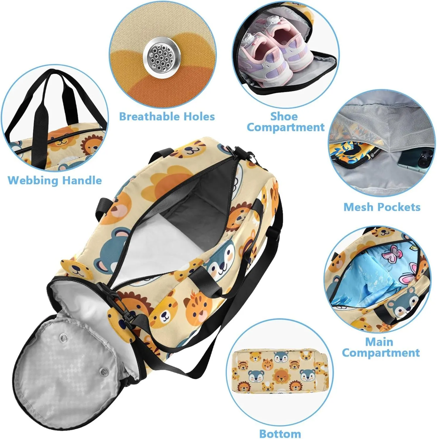 Carry on Duffel Bag Boys Weekender Overnight Adorable Animal Yellow Girls Duffle Bags for Travel with Shoe Compartment