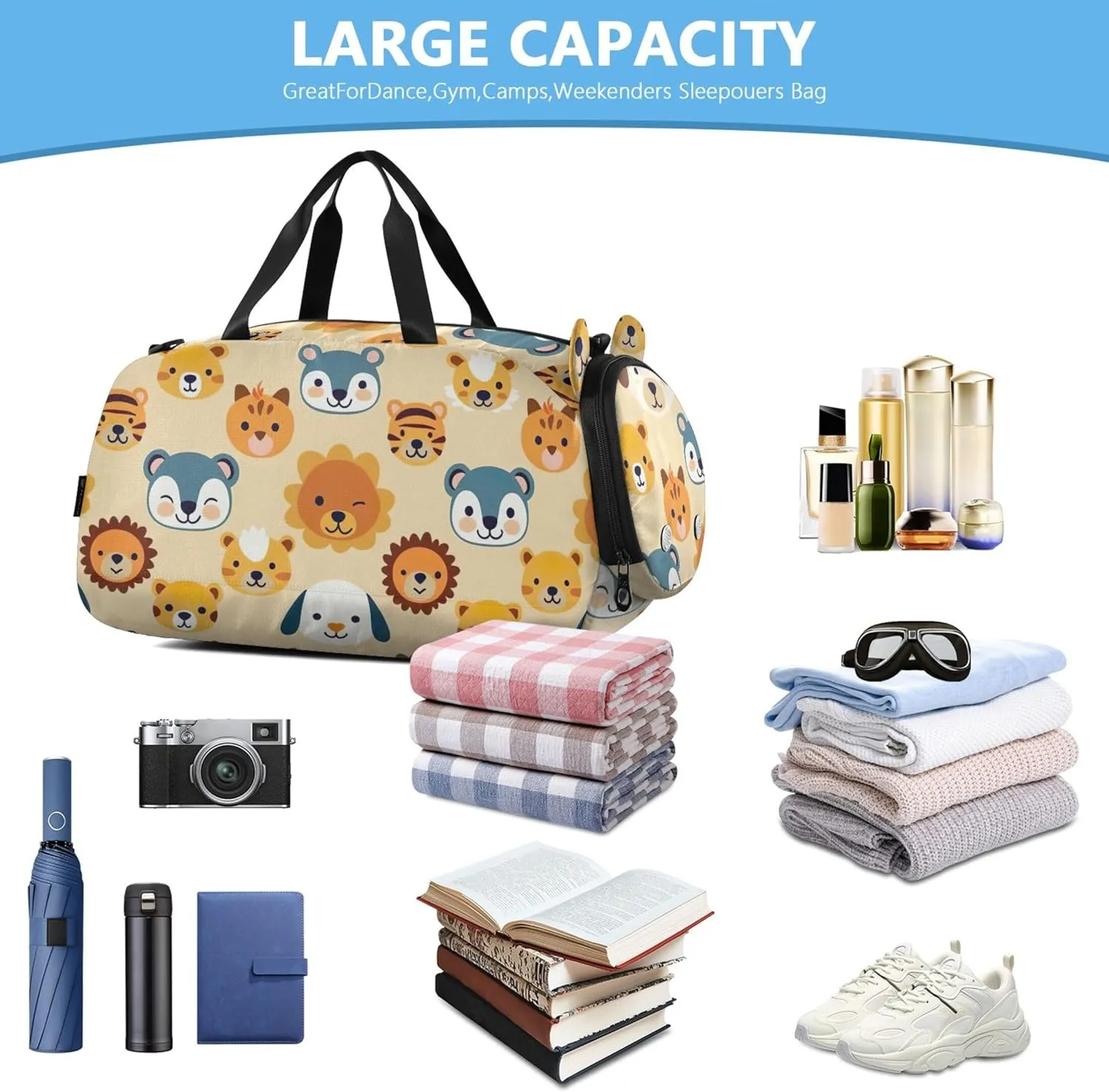 Carry on Duffel Bag Boys Weekender Overnight Adorable Animal Yellow Girls Duffle Bags for Travel with Shoe Compartment