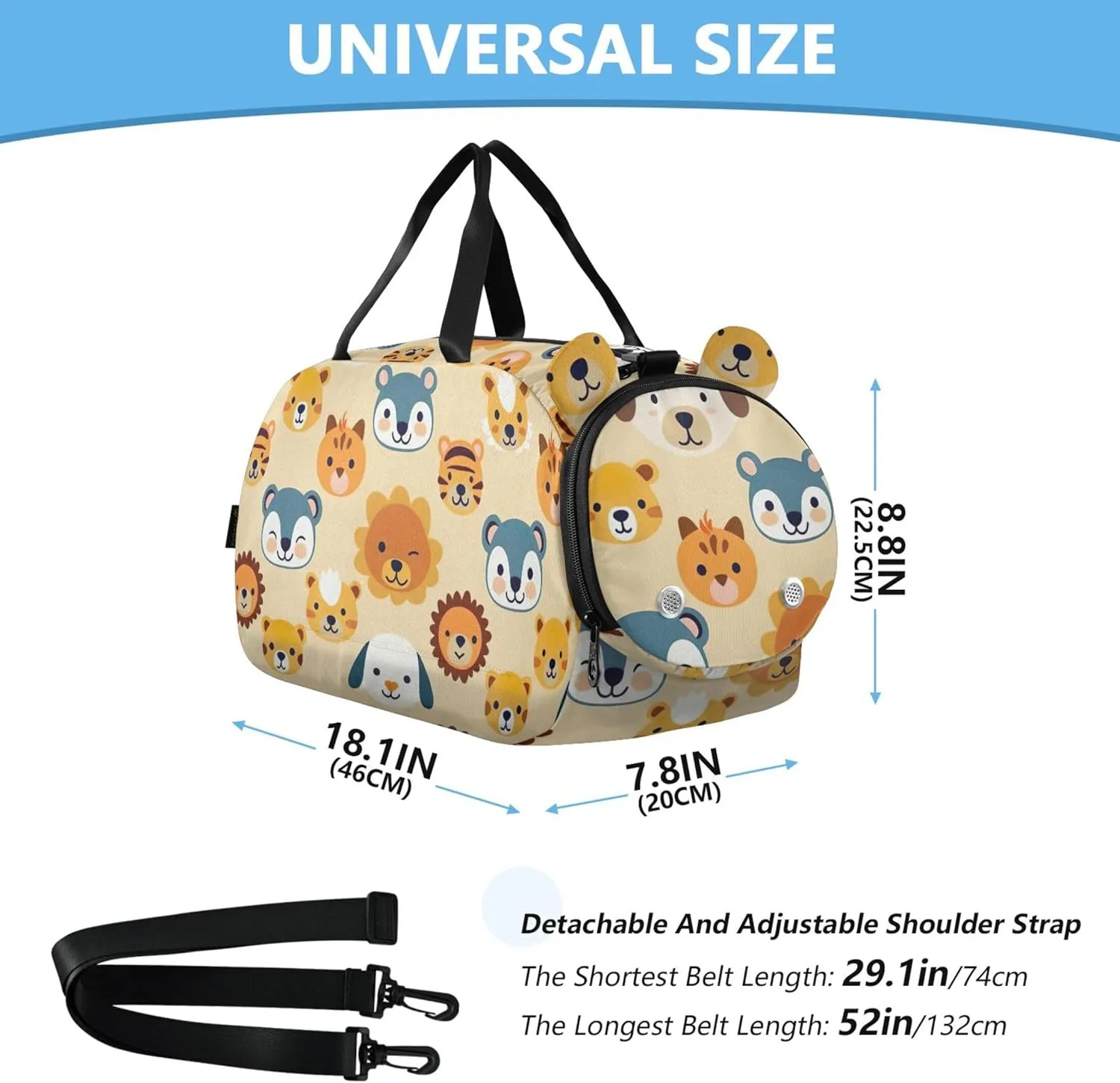 Carry on Duffel Bag Boys Weekender Overnight Adorable Animal Yellow Girls Duffle Bags for Travel with Shoe Compartment