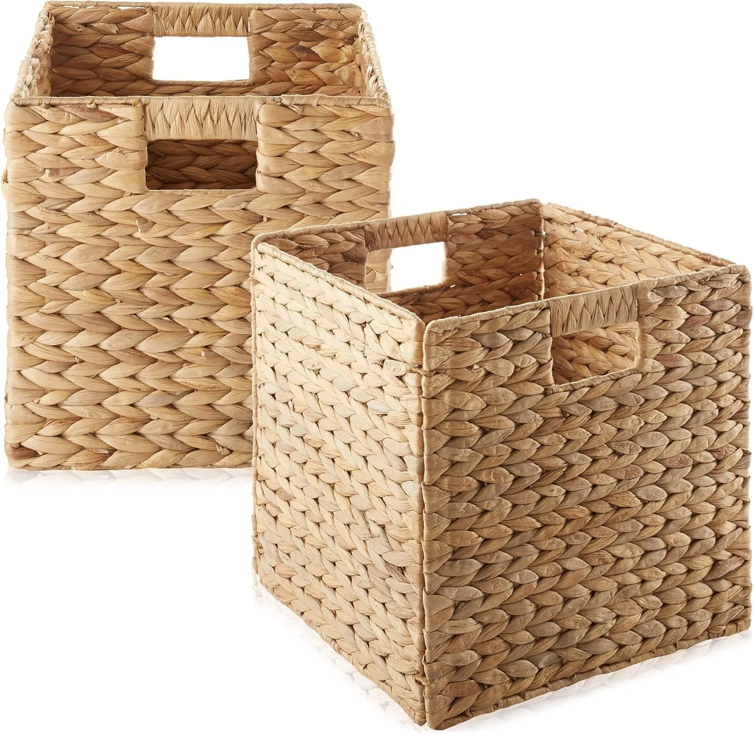 Casafield 12" x 12" Water Hyacinth Storage Baskets, Natural - Set of 2 Collapsible Cube Organizers, Woven Bins for Bathroom, Bedroom, Laundry, Pantry, Shelves
