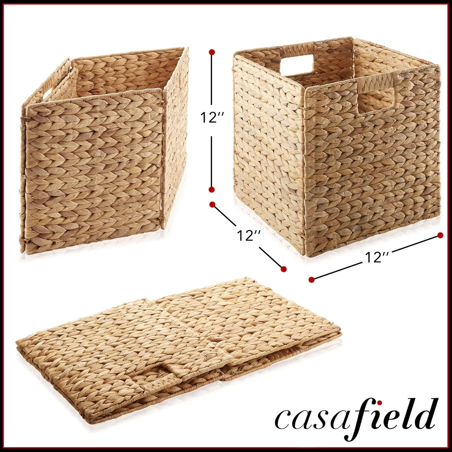 Casafield 12" x 12" Water Hyacinth Storage Baskets, Natural - Set of 2 Collapsible Cube Organizers, Woven Bins for Bathroom, Bedroom, Laundry, Pantry, Shelves
