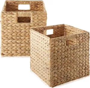 Casafield 12" x 12" Water Hyacinth Storage Baskets, Natural - Set of 2 Collapsible Cube Organizers, Woven Bins for Bathroom, Bedroom, Laundry, Pantry, Shelves