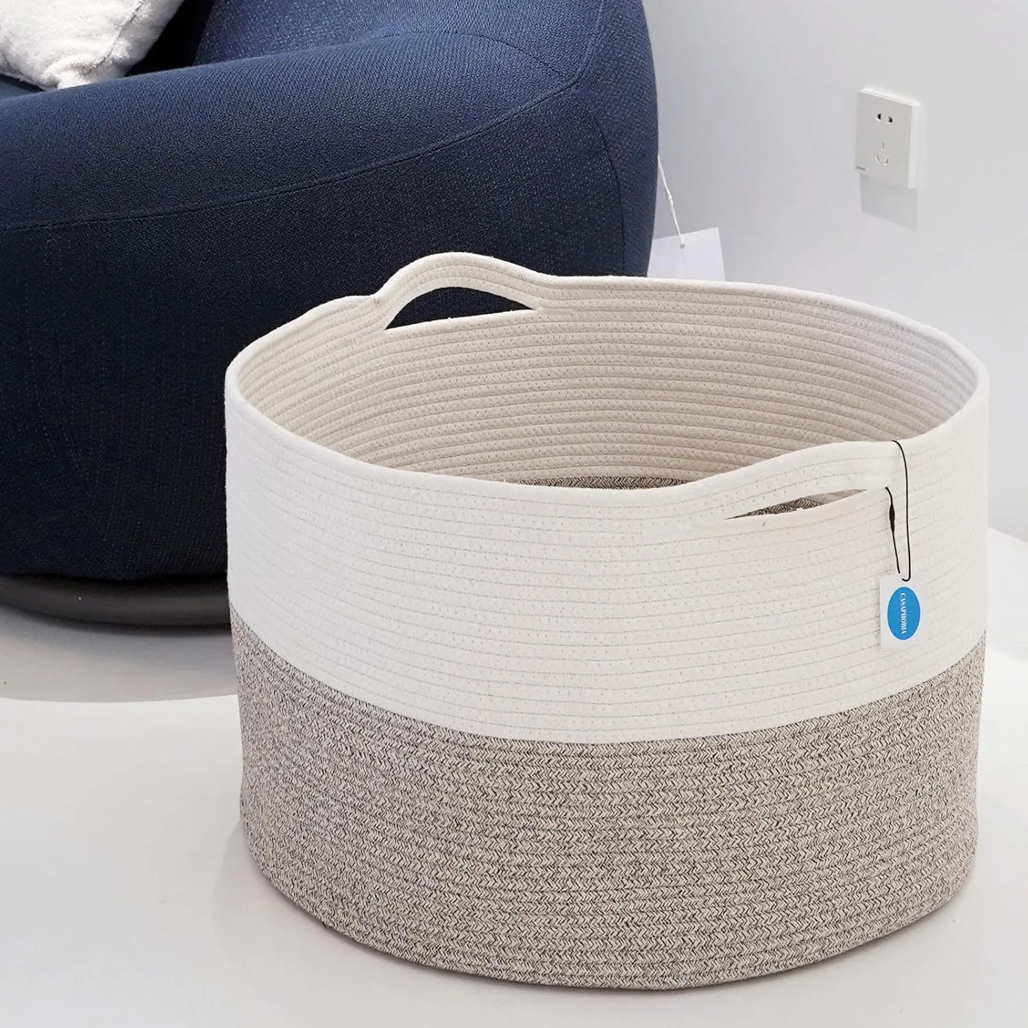 Casaphoria XXXLarge Cotton Rope Basket 21.7" x 21.7" x 13.8" Woven Laundry Blanket Basket Basket with Handle Storage Comforter Cushions Thread Laundry Hamper