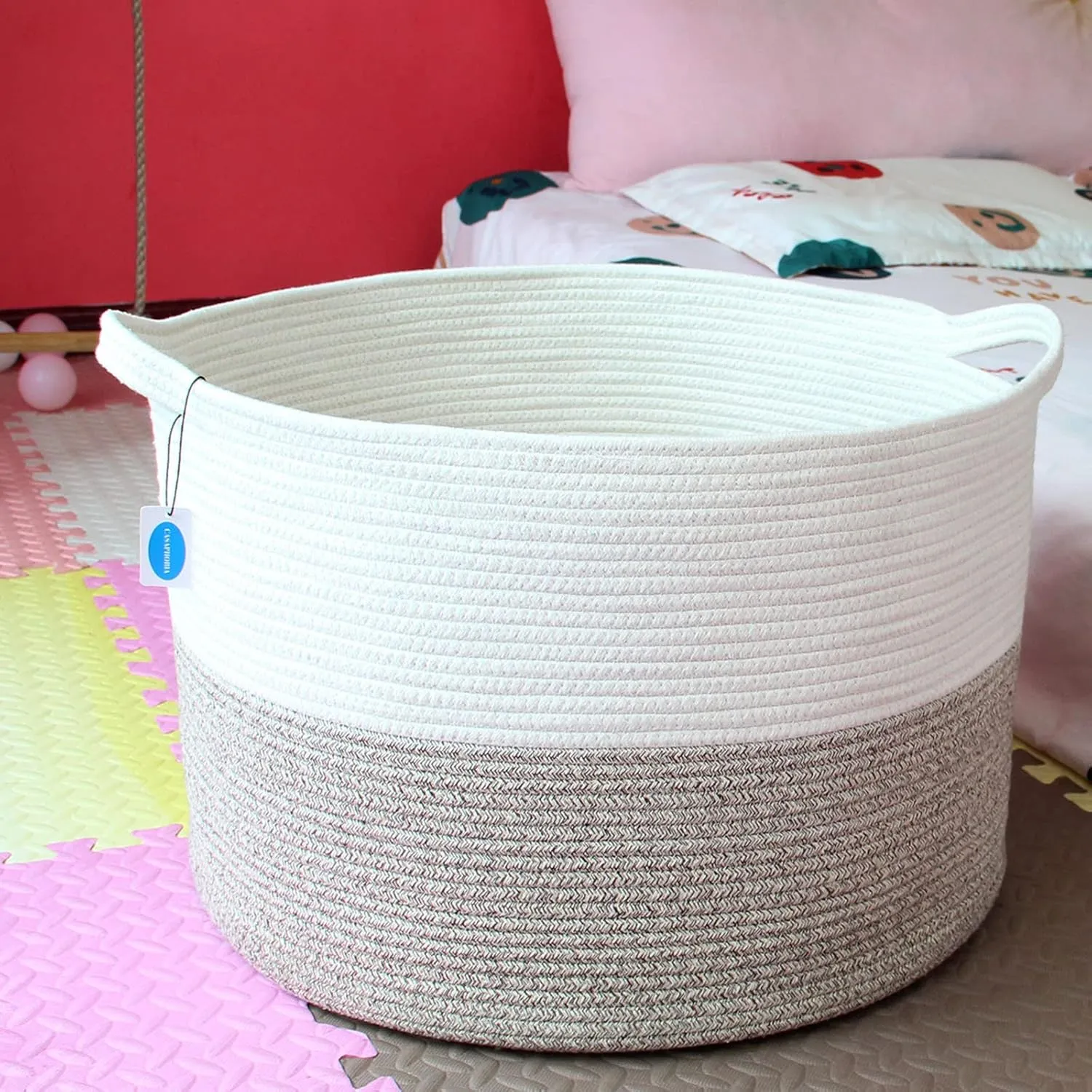 Casaphoria XXXLarge Cotton Rope Basket 21.7" x 21.7" x 13.8" Woven Laundry Blanket Basket Basket with Handle Storage Comforter Cushions Thread Laundry Hamper