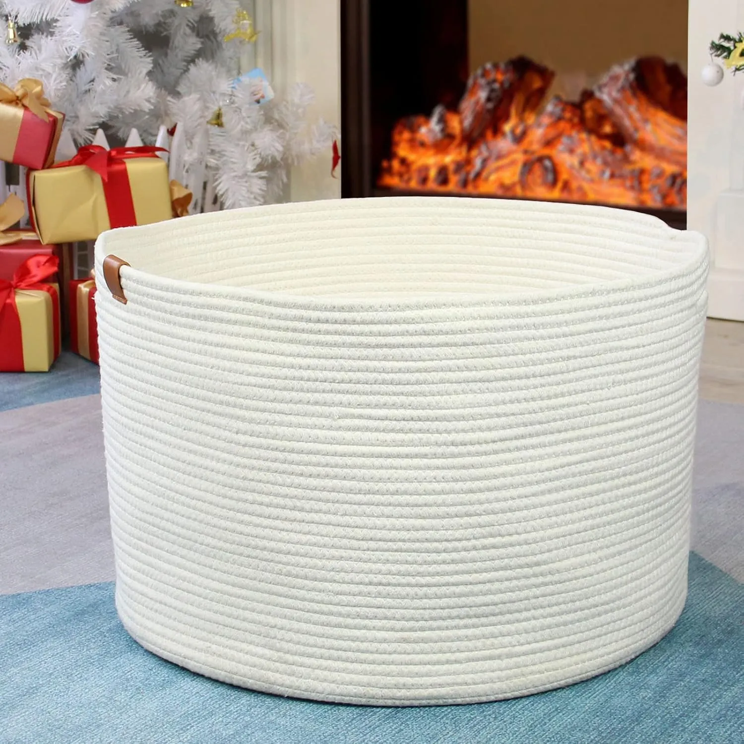 Casaphoria XXXLarge Cotton Rope Basket for Living Room - Woven Storage Basket with Handle for Blankets, Towels and Pillows Laundry Hamper | cream white (21" x 21" x 13.8")