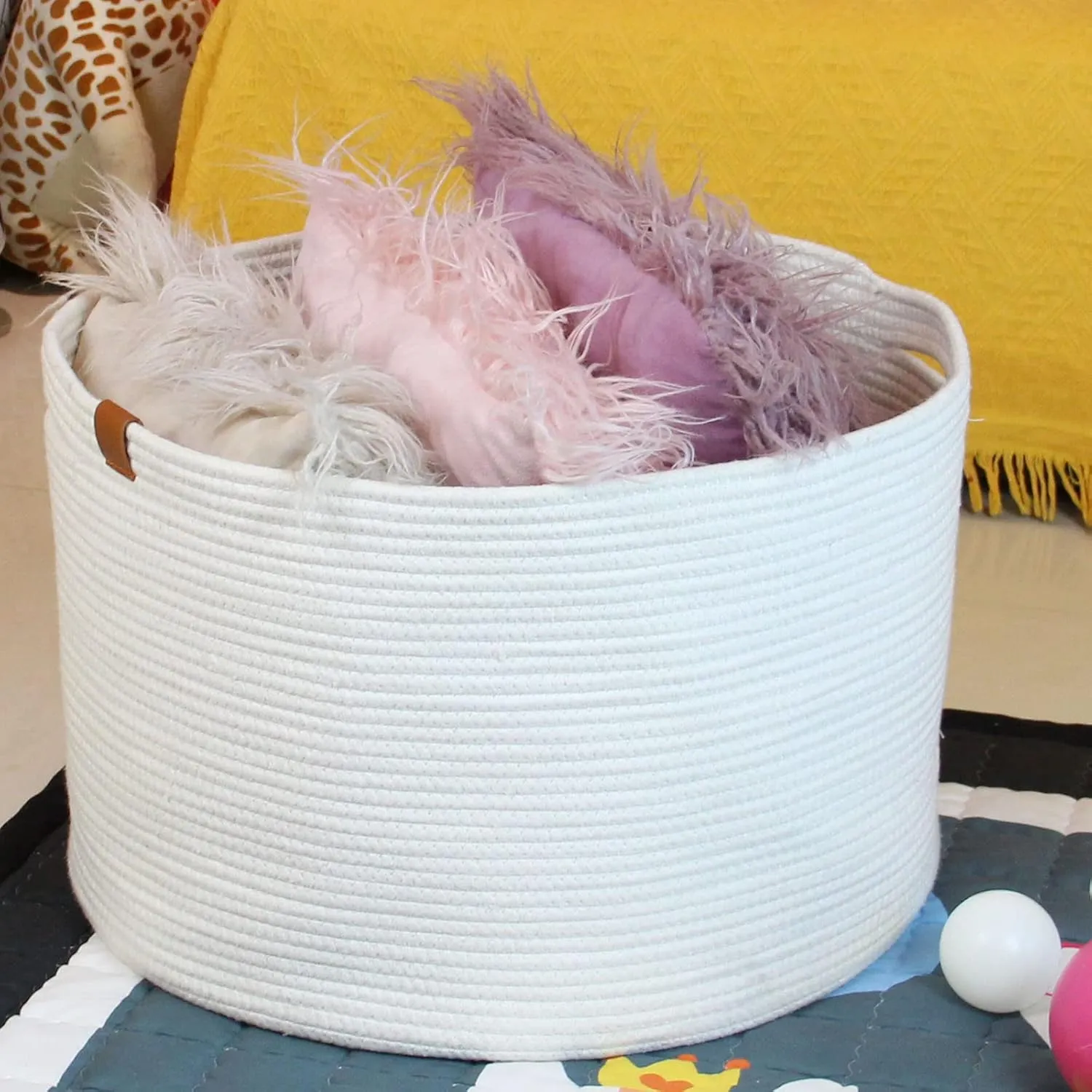 Casaphoria XXXLarge Cotton Rope Basket for Living Room - Woven Storage Basket with Handle for Blankets, Towels and Pillows Laundry Hamper | cream white (21" x 21" x 13.8")