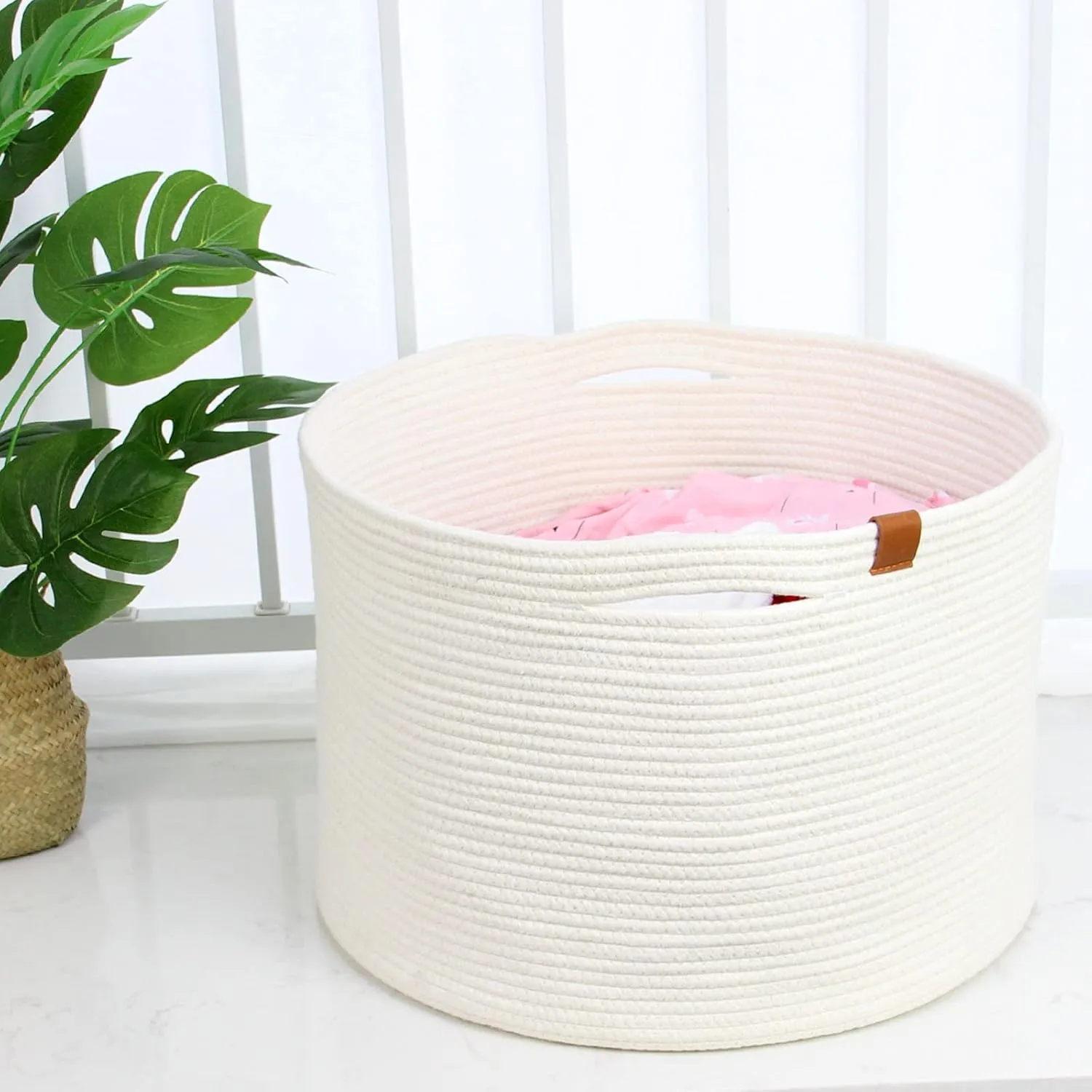 Casaphoria XXXLarge Cotton Rope Basket for Living Room - Woven Storage Basket with Handle for Blankets, Towels and Pillows Laundry Hamper | cream white (21" x 21" x 13.8")