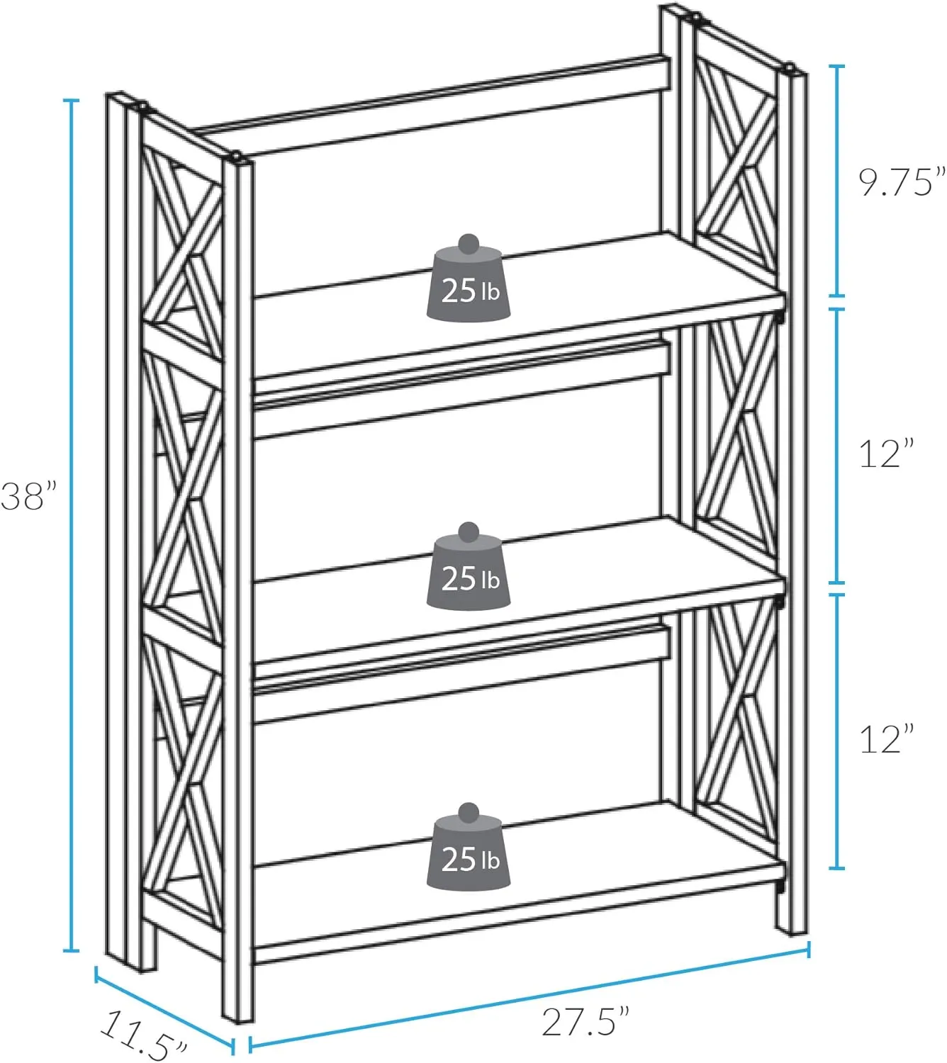 Casual Home Montego 3-Shelf Folding Bookcase, Natural , 27.5" Wide