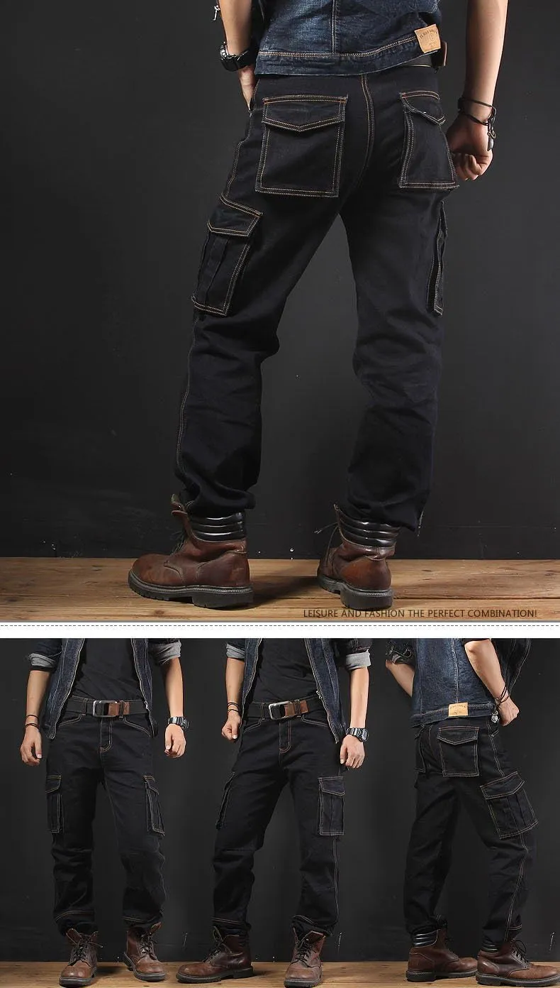 Casual Motorcycle Workwear Multi Pockets Denim Biker Cargo Jeans Pants