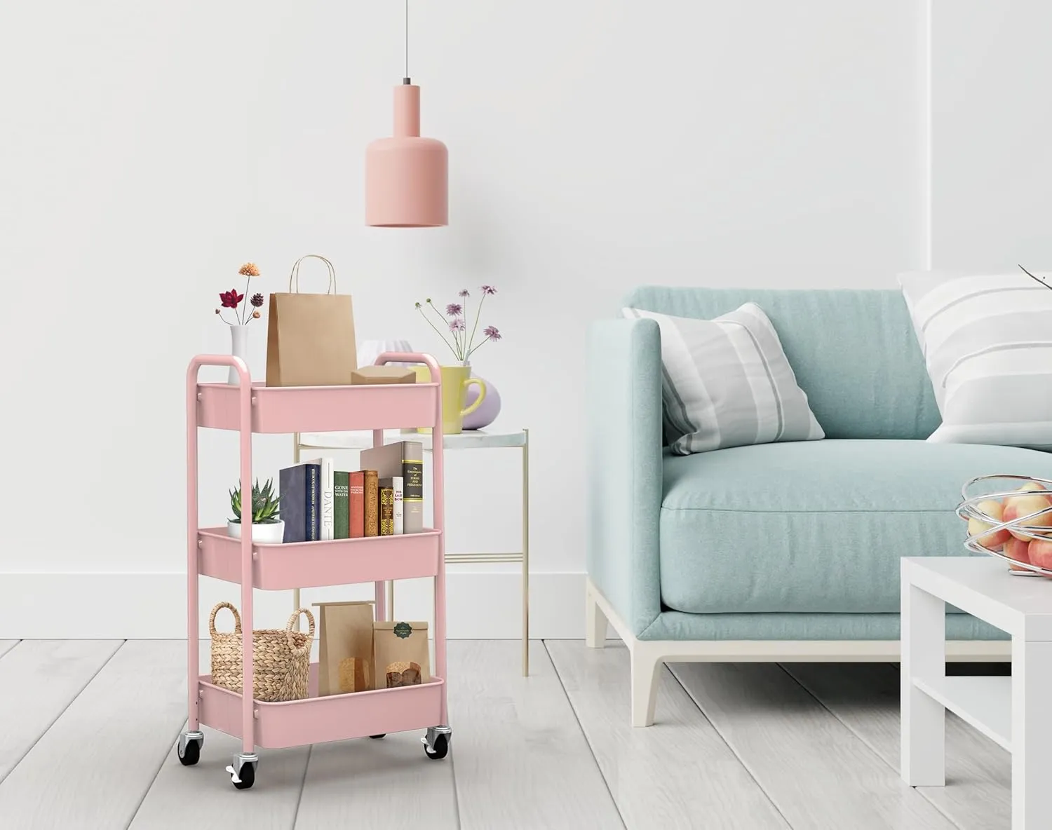 CAXXA 3-Tier Rolling Metal Storage Organizer - Mobile Utility Cart with Caster Wheels, Pink
