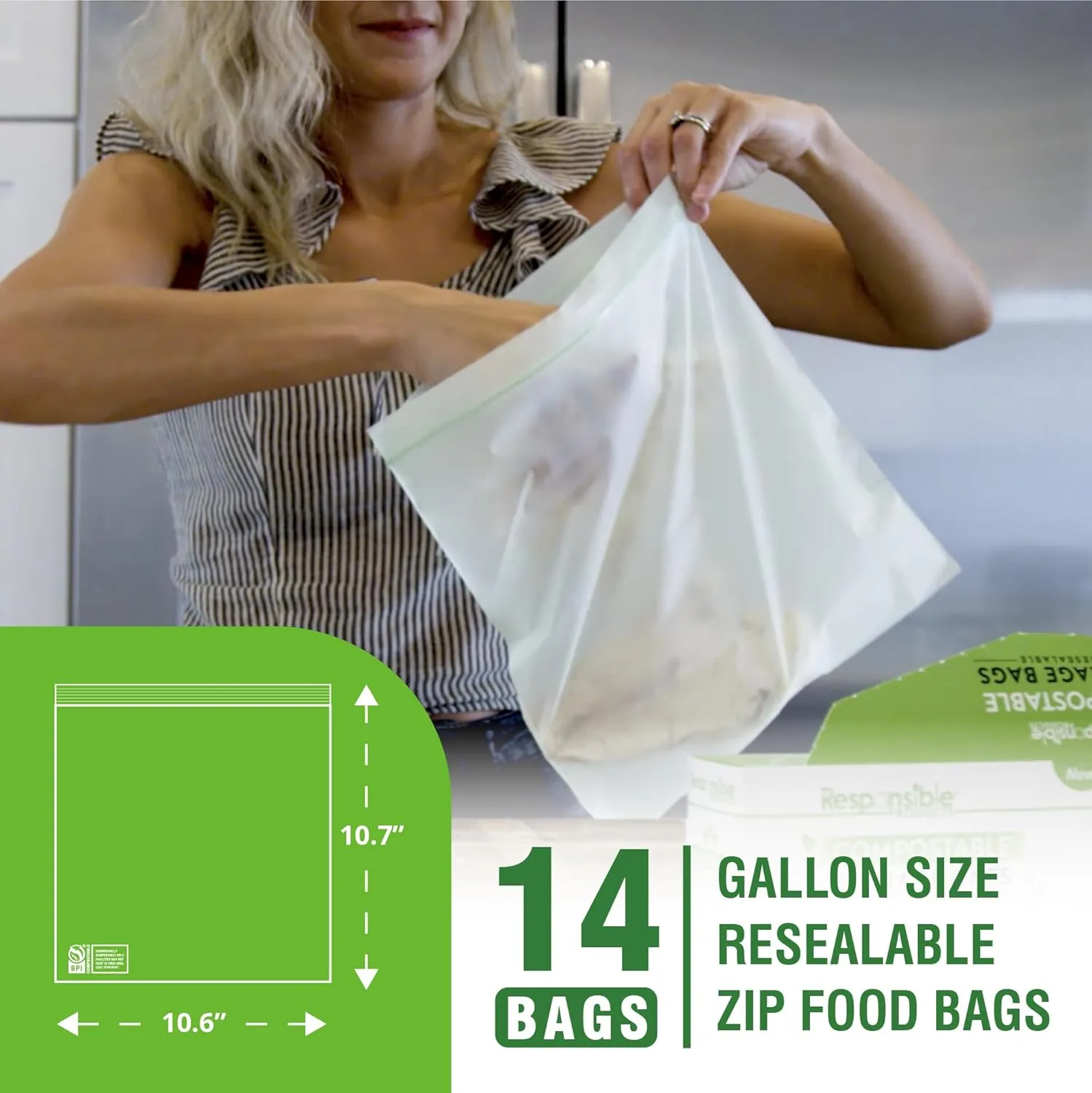Certified Compostable Large GALLON Resealable Zip Bag, Extra Strength Food Bags, Made from Plant Materials (14 Pack)