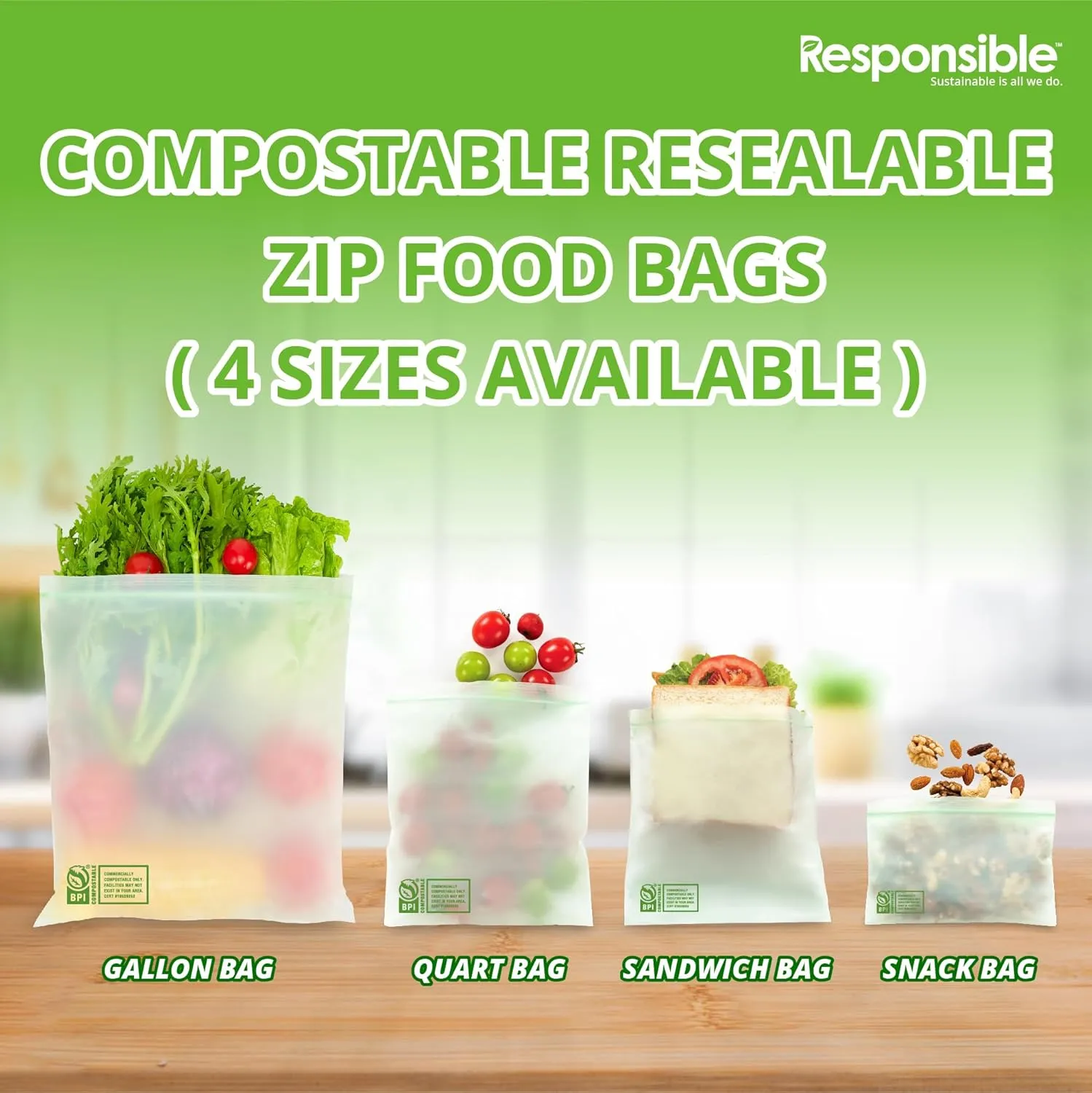 Certified Compostable Large GALLON Resealable Zip Bag, Extra Strength Food Bags, Made from Plant Materials (14 Pack)