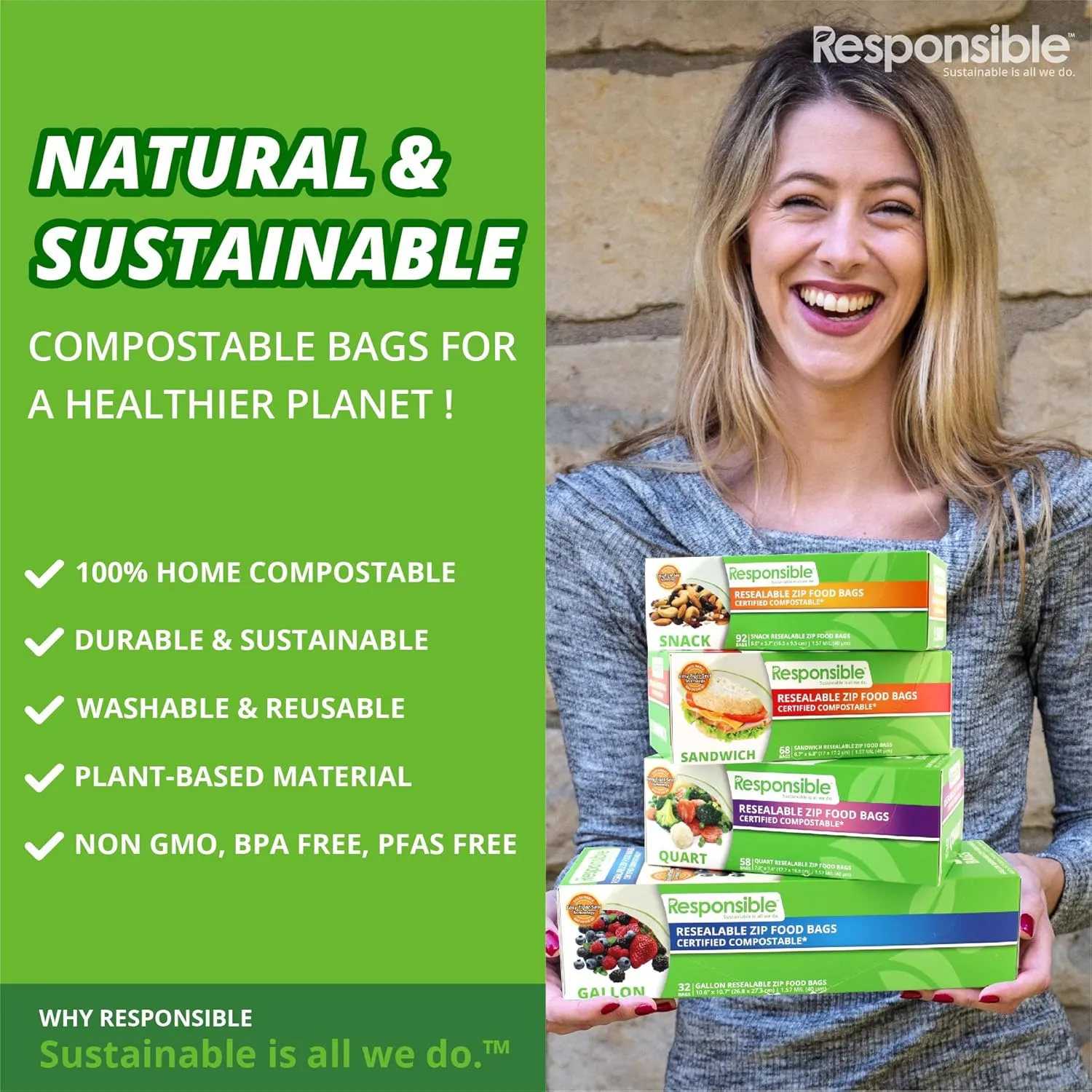 Certified Compostable Large GALLON Resealable Zip Bag, Extra Strength Food Bags, Made from Plant Materials (14 Pack)