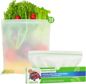 Certified Compostable Large GALLON Resealable Zip Bag, Extra Strength Food Bags, Made from Plant Materials (14 Pack)