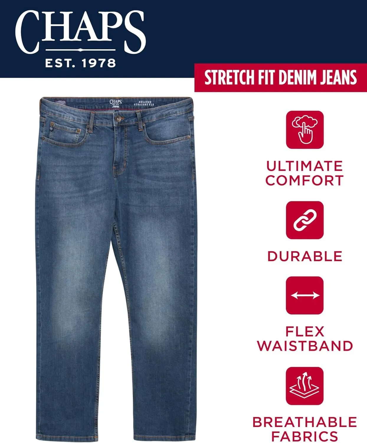 Chaps Men's Jeans - Straight Leg Comfort Stretch Denim Jeans - Regular Slim Fit Jeans for Men