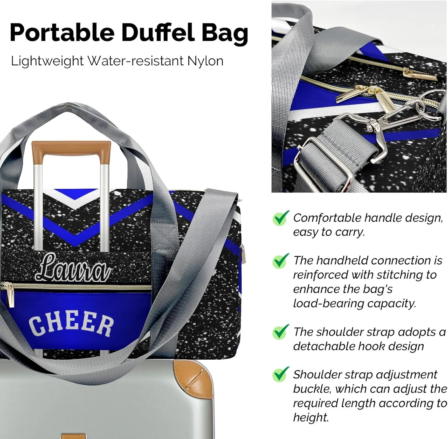 Cheer Cheerleader Sports Duffel Bag Travel Duffle Gym Bags Weekender Bag with Shoe Compartments (Klein Blue)