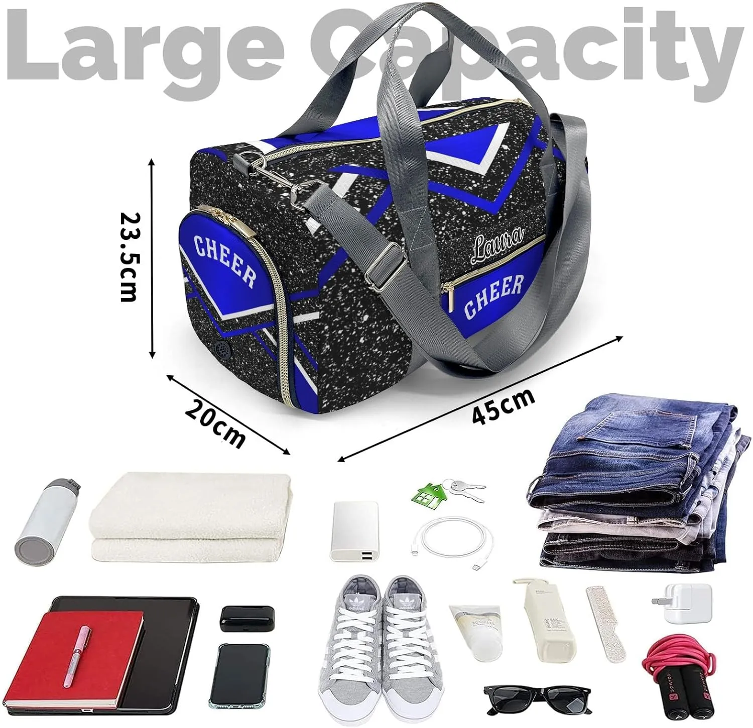 Cheer Cheerleader Sports Duffel Bag Travel Duffle Gym Bags Weekender Bag with Shoe Compartments (Klein Blue)